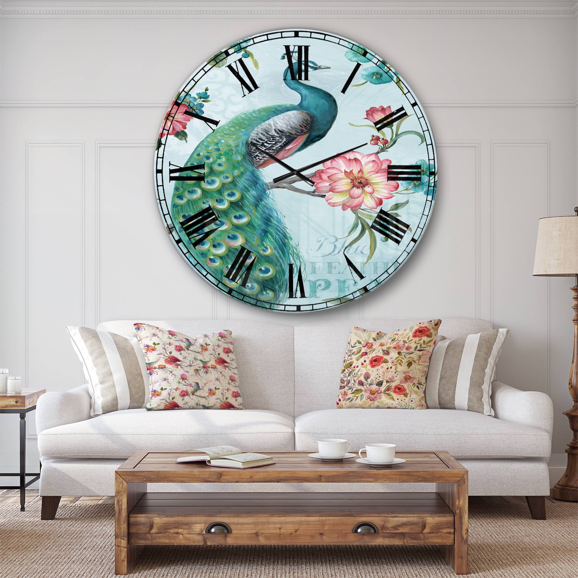 Designart 'Handpainted Peacock Traditional Wall Clock