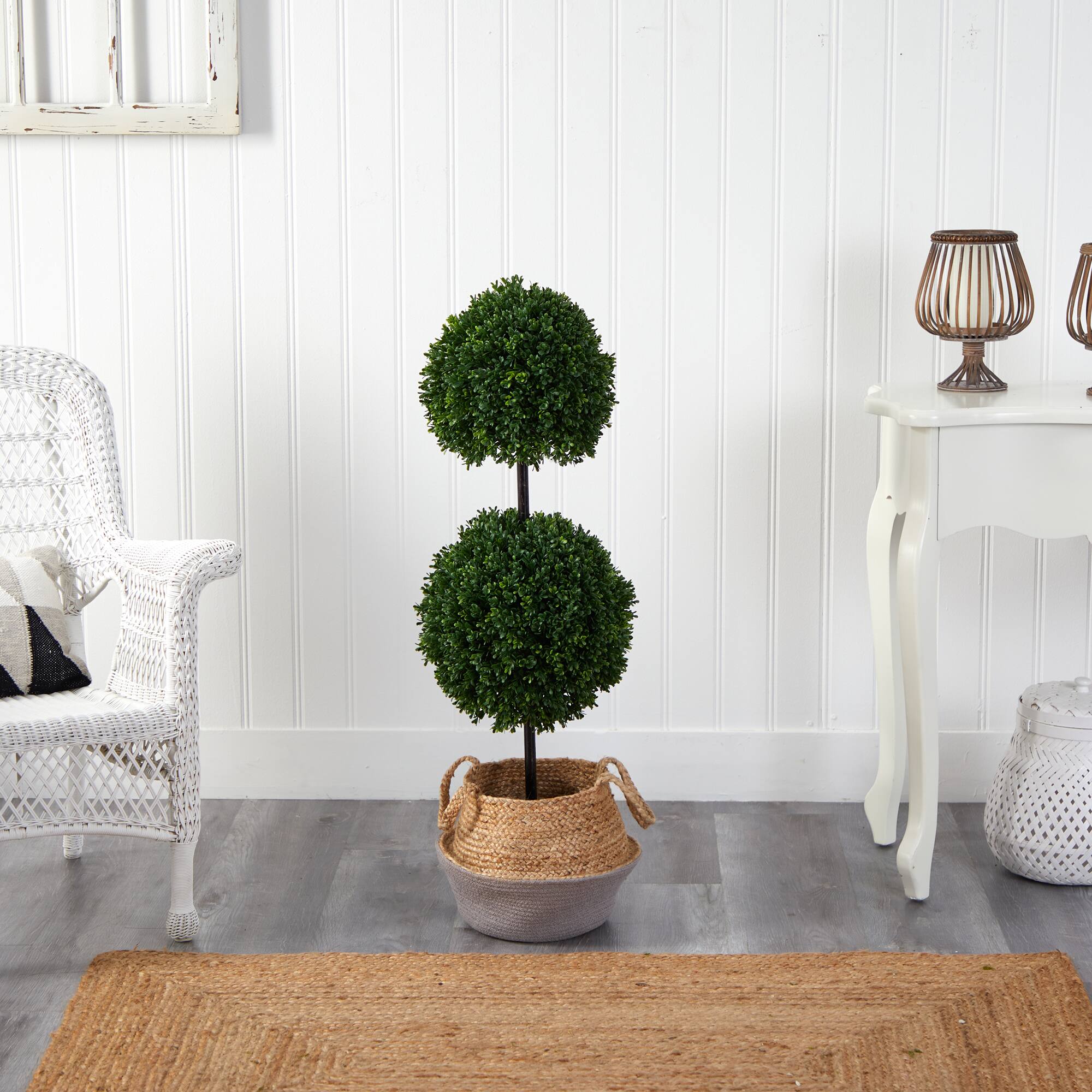 3.5ft. Boxwood Double Ball Artificial Topiary Tree in Boho Chic Handmade Cotton & Jute Woven Planter UV Resistant (Indoor/Outdoor