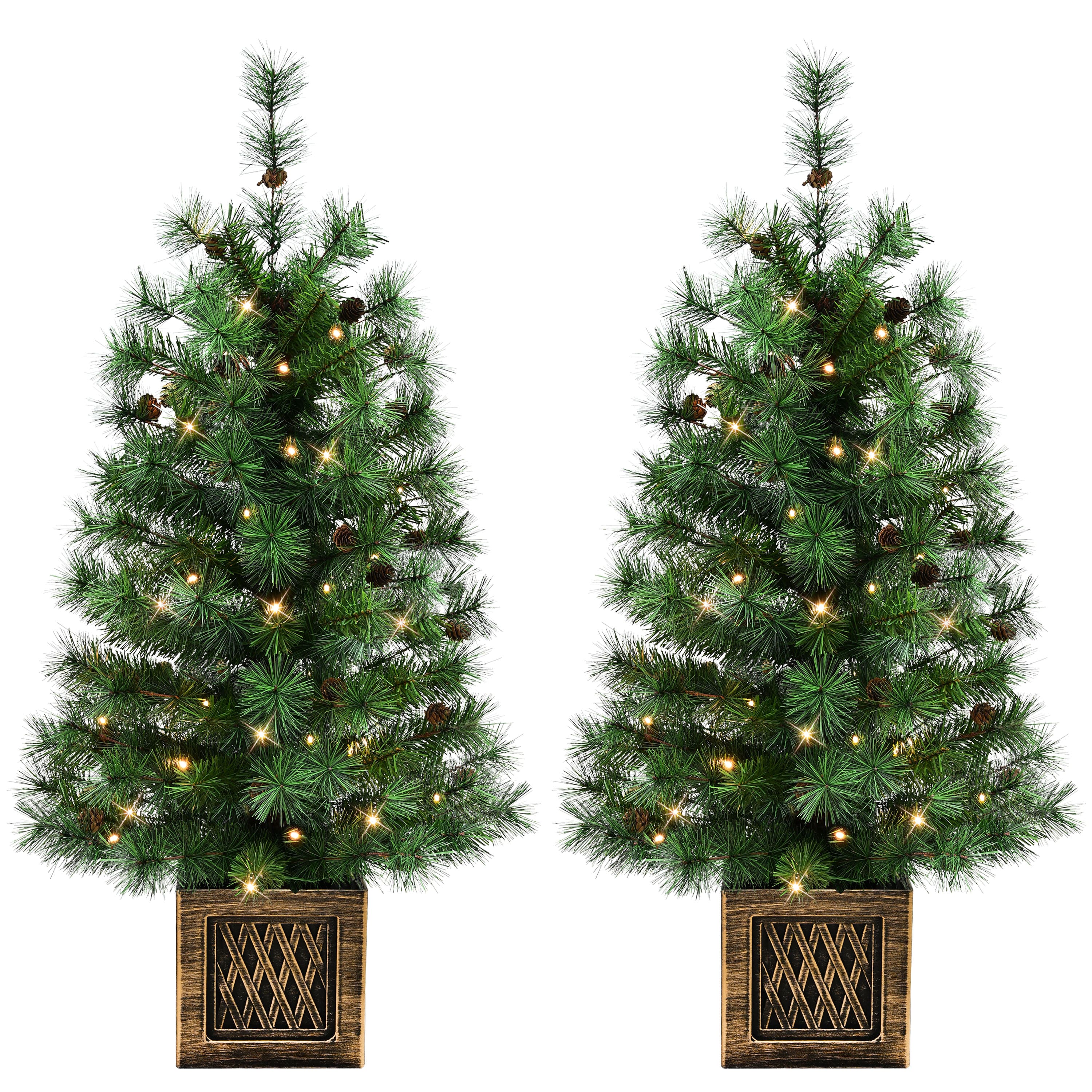 Puleo International 2 ct 3.5Ft Pre-Lit Pine Artificial Potted Christmas Trees with Pinecones, Warm White LED Lights in Green | 3.5 ft | Michaels®