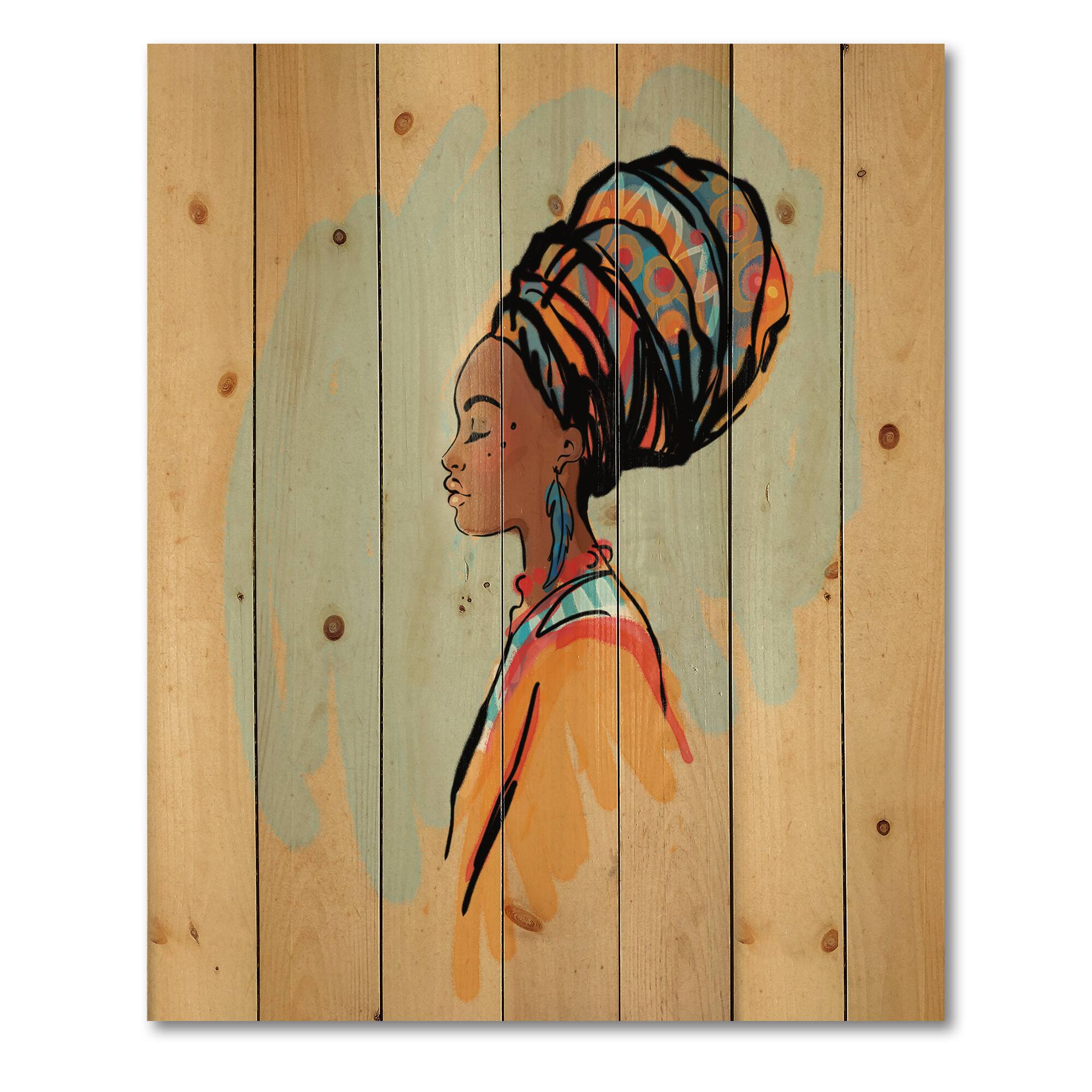 Designart - Portrait of Afro American Woman With Turban II - Modern Print on Natural Pine Wood