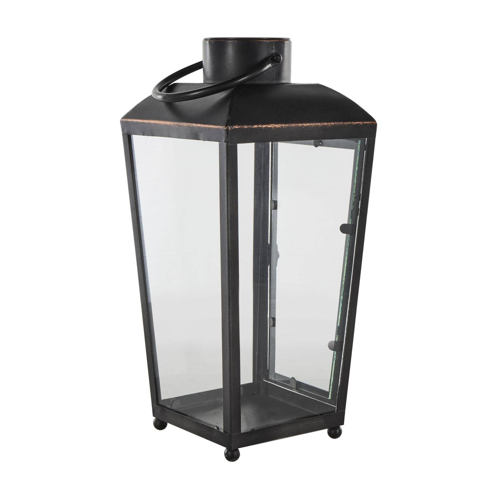 16" Black Metal Modern Candle Lantern with Gold Accents