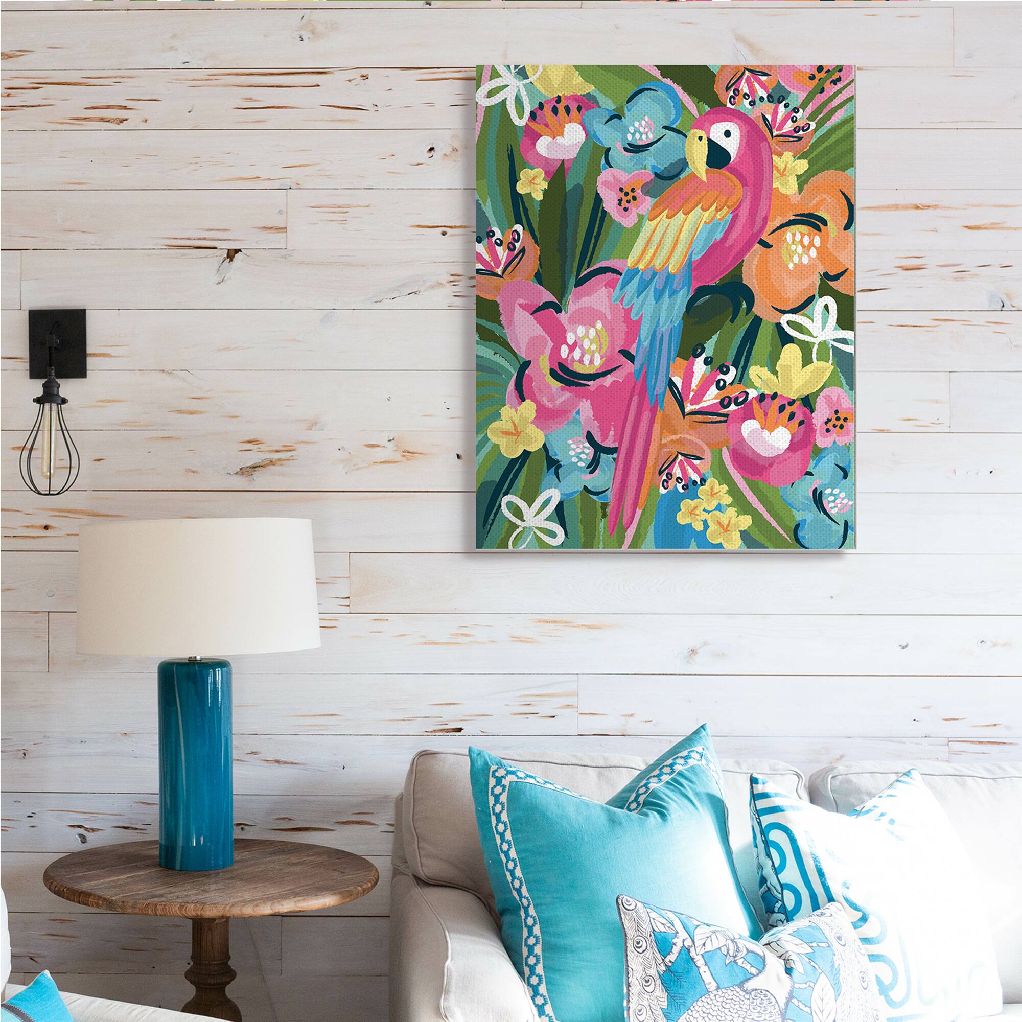 Stupell Industries Tropical Flowers and Parrot Whimsical Florals Canvas Wall Art