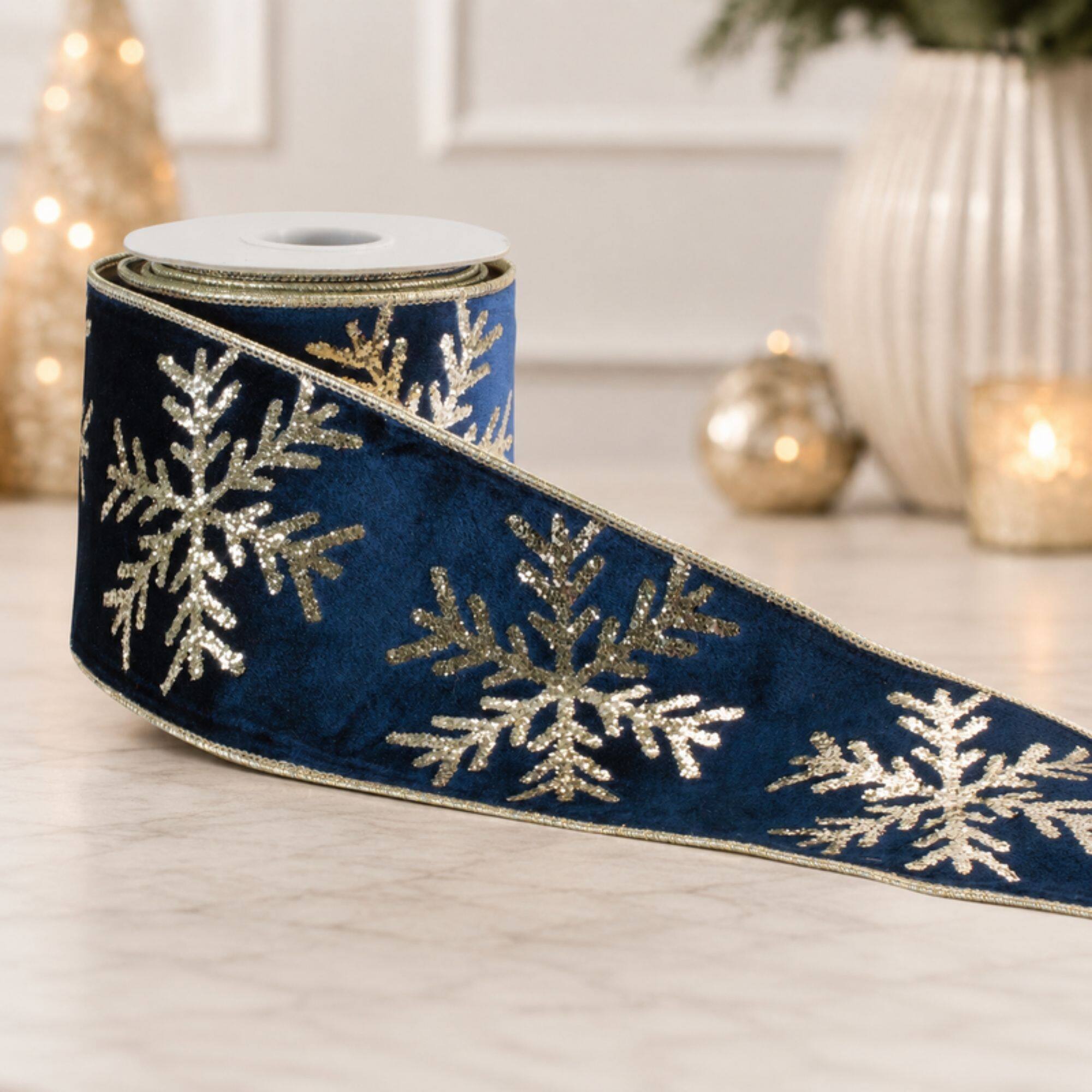 Melrose 4" x 5yd. Blue Snowflake Velvet Wired Ribbon