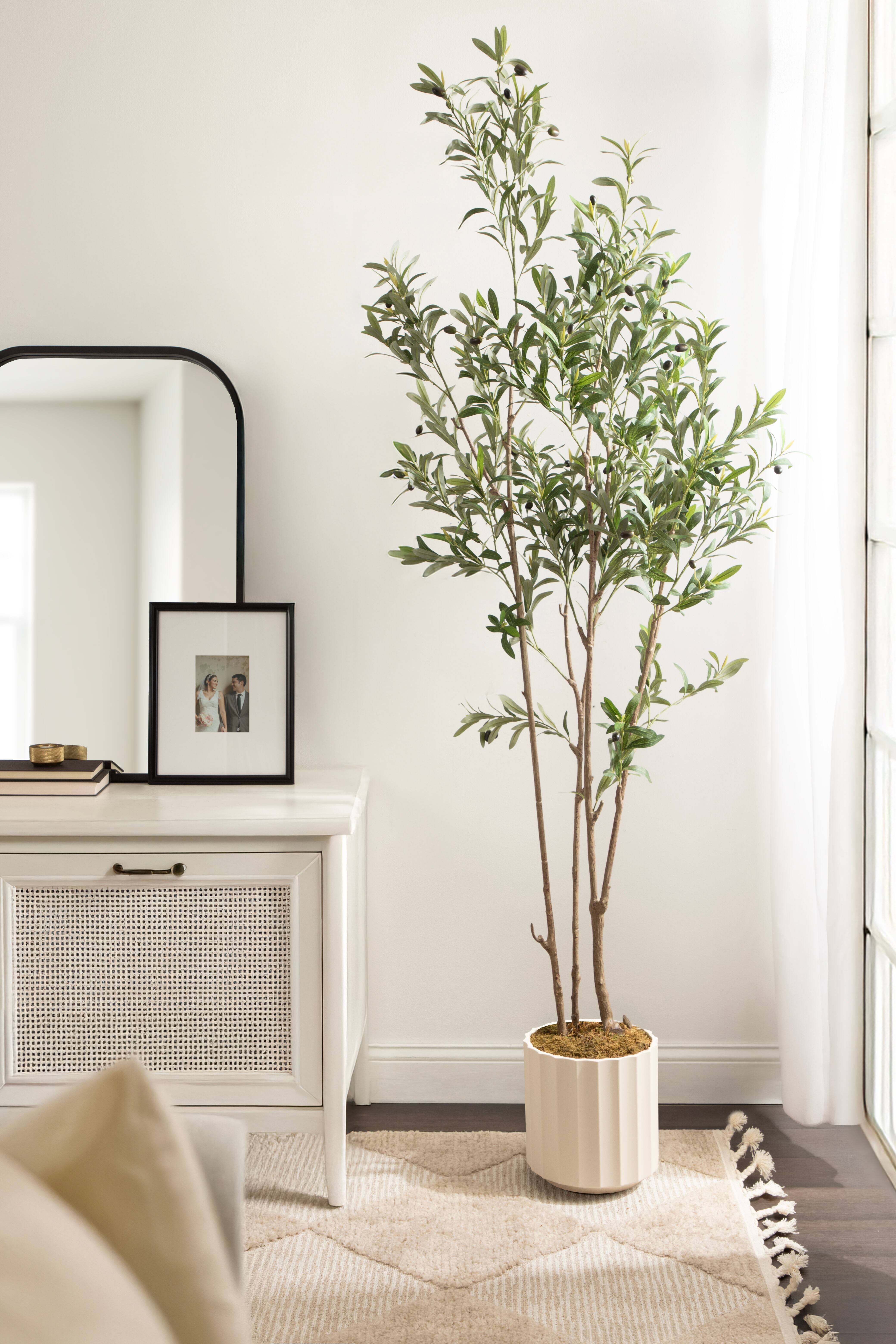 Kate and Laurel 7ft. Green Oliveira Faux Olive Tree in White Planter
