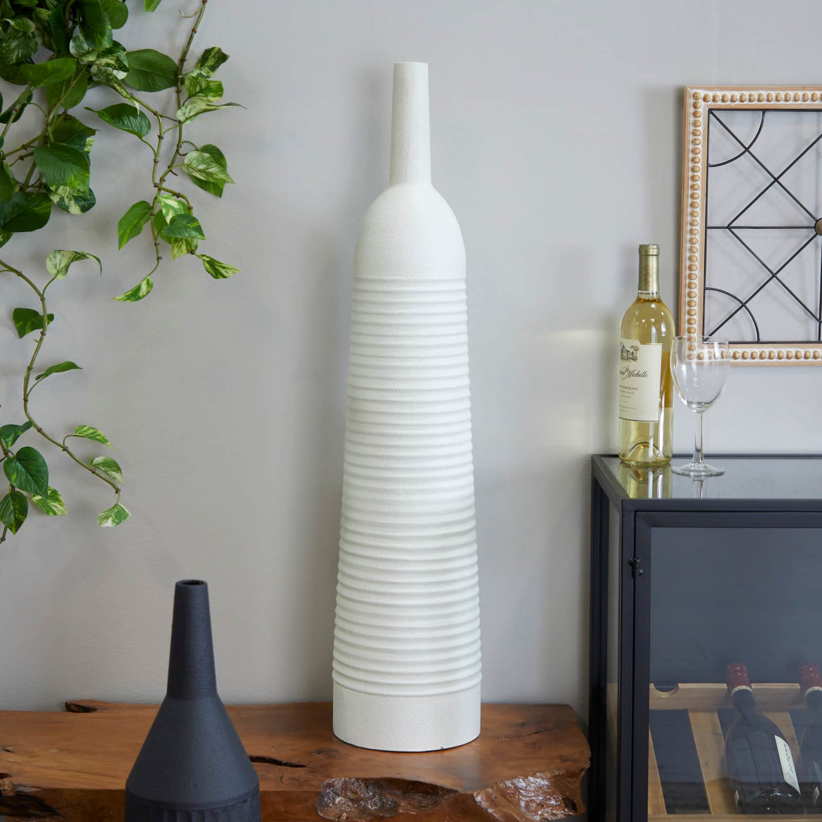 White Metal Grooved Vase 8" x 8" x 36"