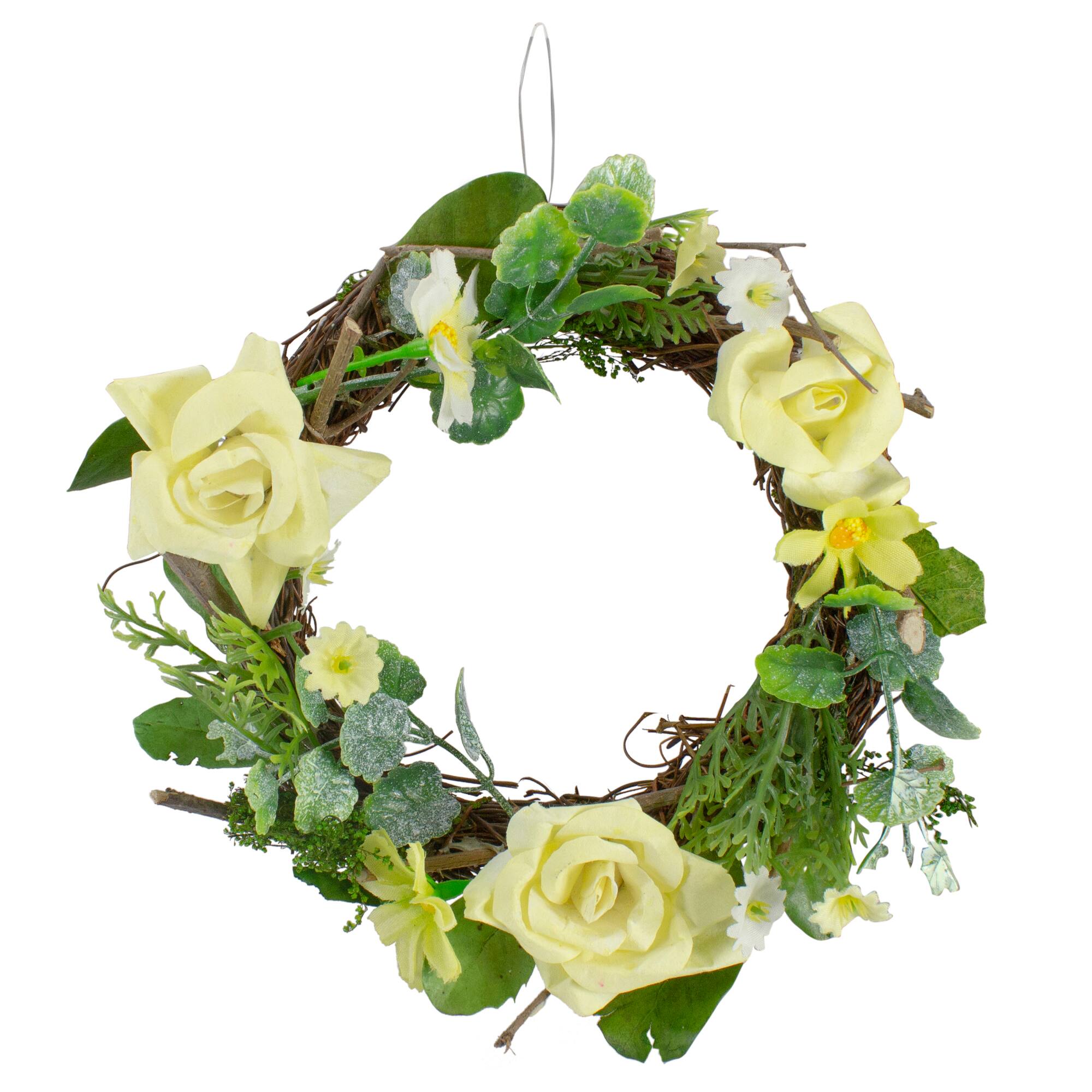 Northlight 7in Mini Rose And Foliage Yellow Wreath, One Size, Yellow