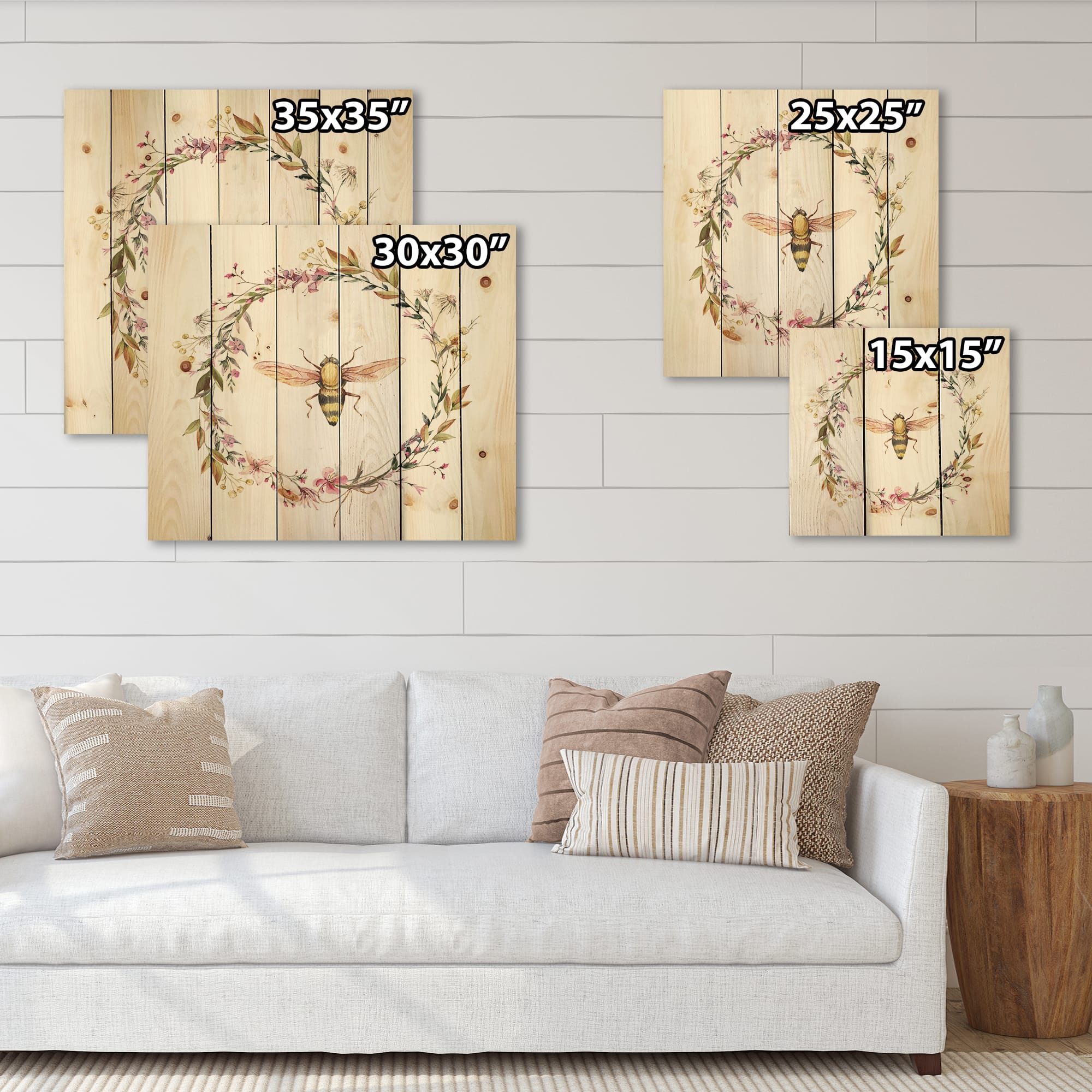Designart - Bee In Wildflowers Wreath - Farmhouse Print on Natural Pine Wood