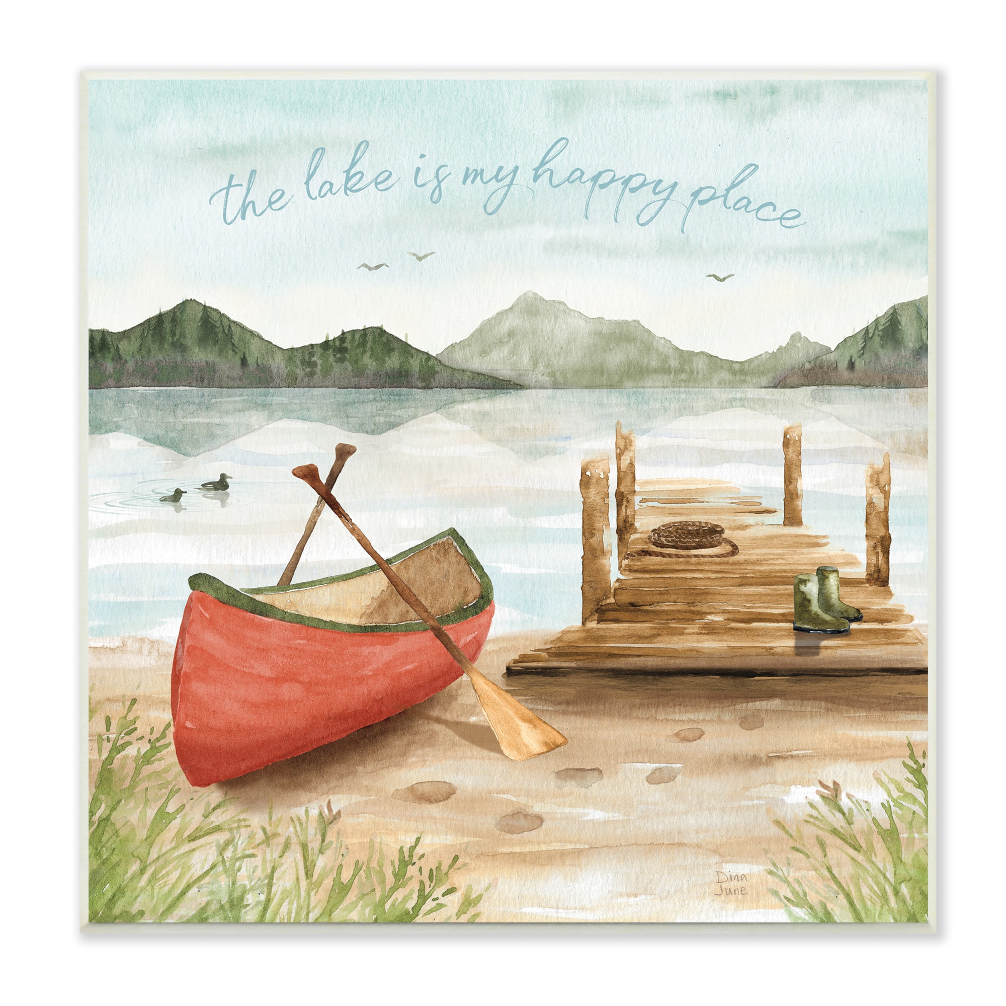 Stupell Industries Lake's My Happy Place Phrase Boat Dock Landscape,12" x 12"