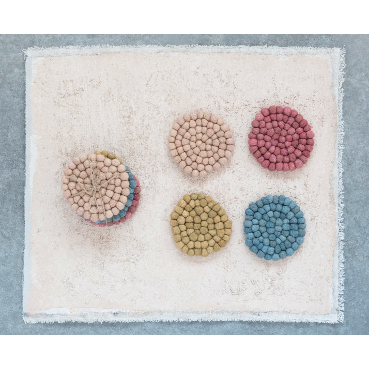 Hello Honey® Green Tones Handmade Wool Felt Ball Coaster Set