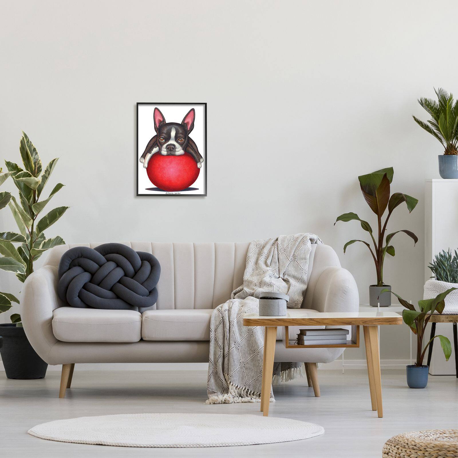 Stupell Industries Boston Terrier Big Red Ball Pet Dog Illustration Framed Wall Art