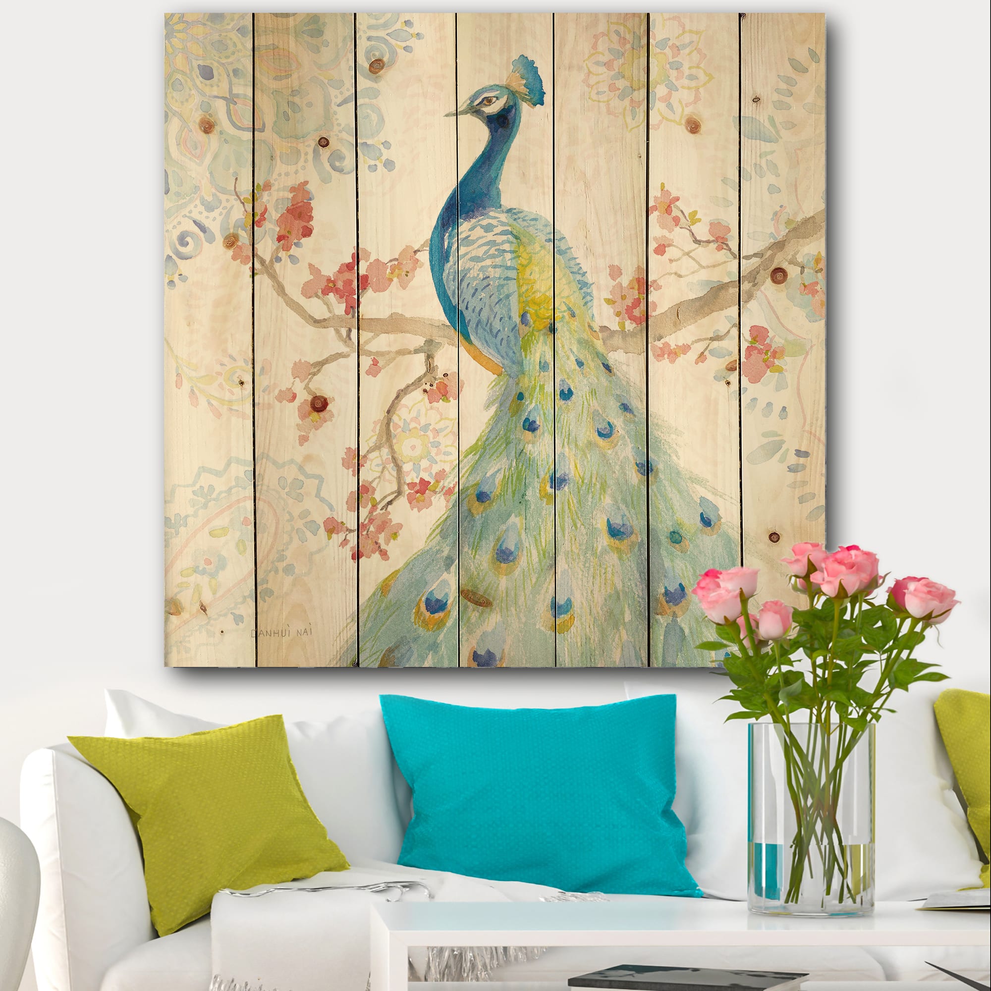 Designart - peacocks Watercolor II - Traditional Print on Natural Pine Wood