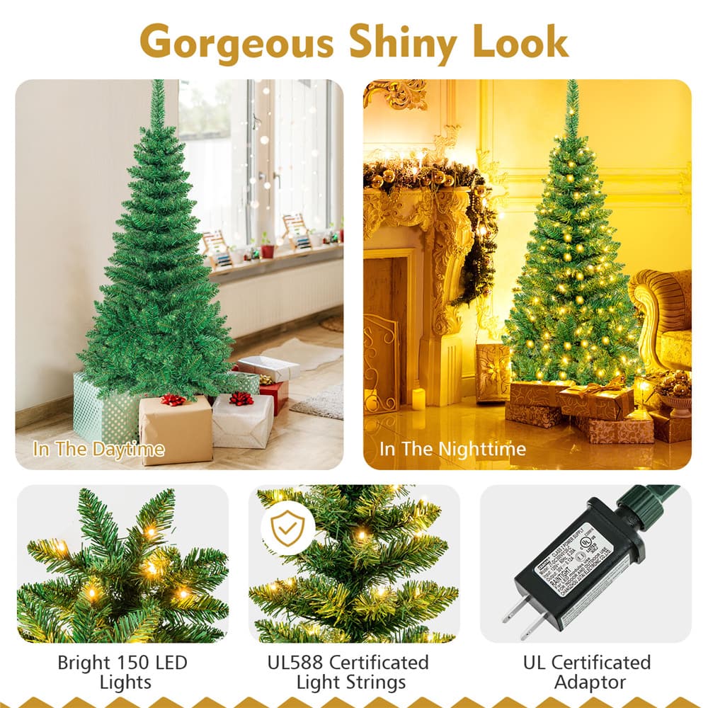 Costway 4.5ft Pre-Lit Hinged Pencil Christmas Tree, Warm White LED Lights