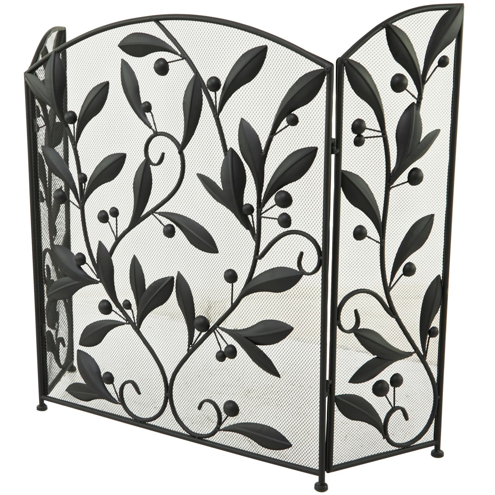 Black Metal Foldable Mesh Netting 3 Panel Scroll Fireplace Screen with Leaf and Vine Relief 45" x 1" x 30"