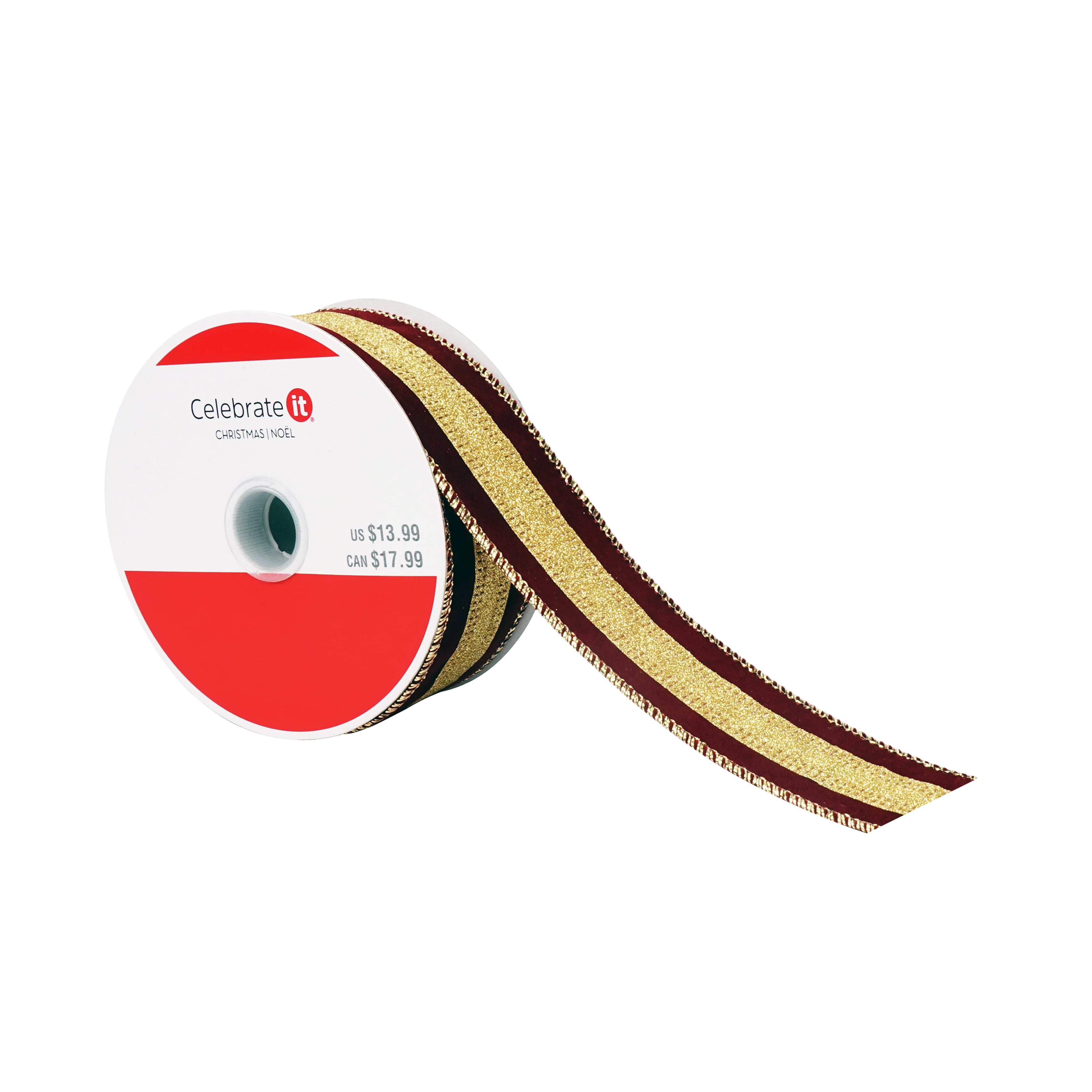 1.5" x 8.3yd. Burgundy & Gold Glitter Stripe Wired Velvet Ribbon by Celebrate It®