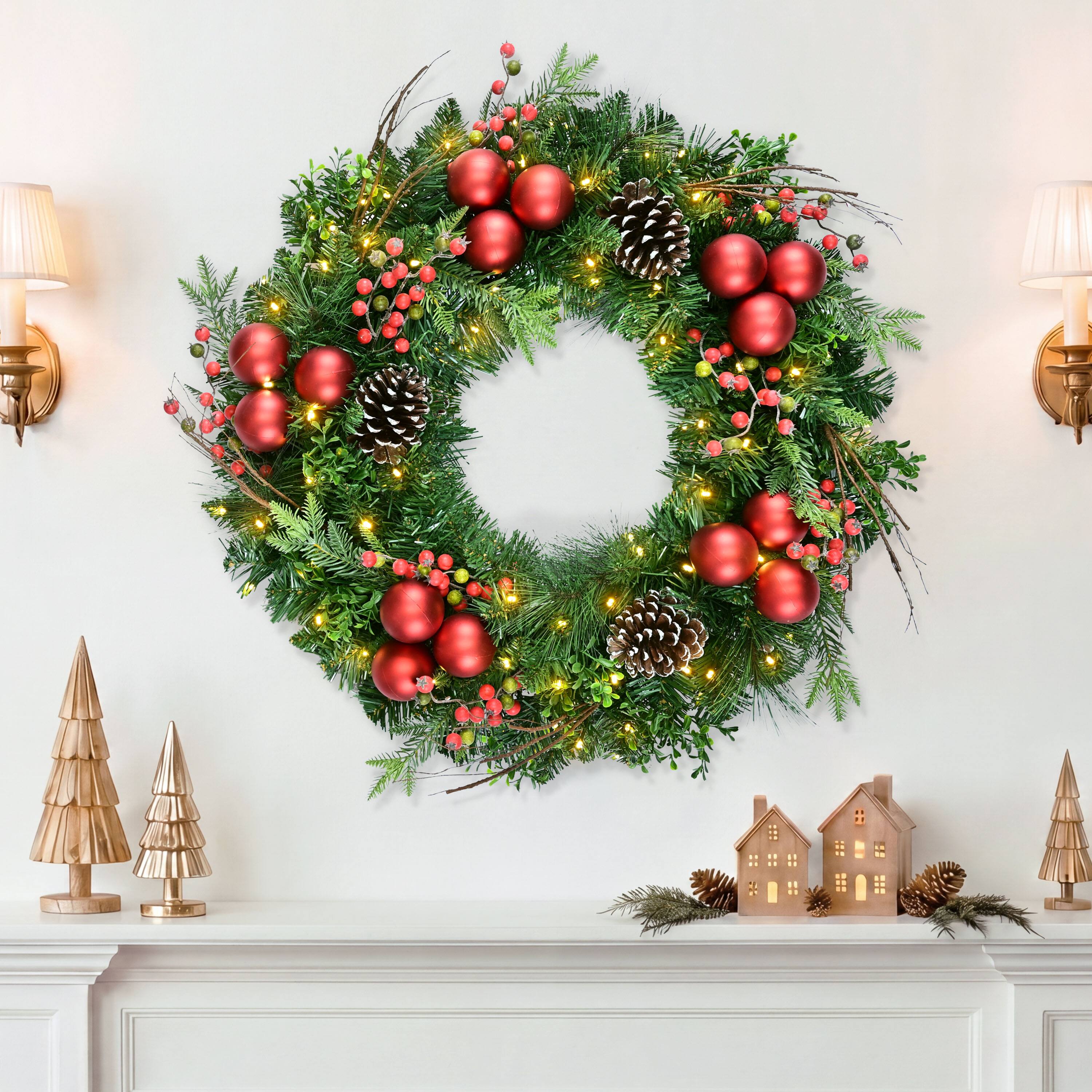 Puleo International 26" Pre-Lit Green Pine with Pinecones, Ornaments & Berries Artificial Christmas Wreath