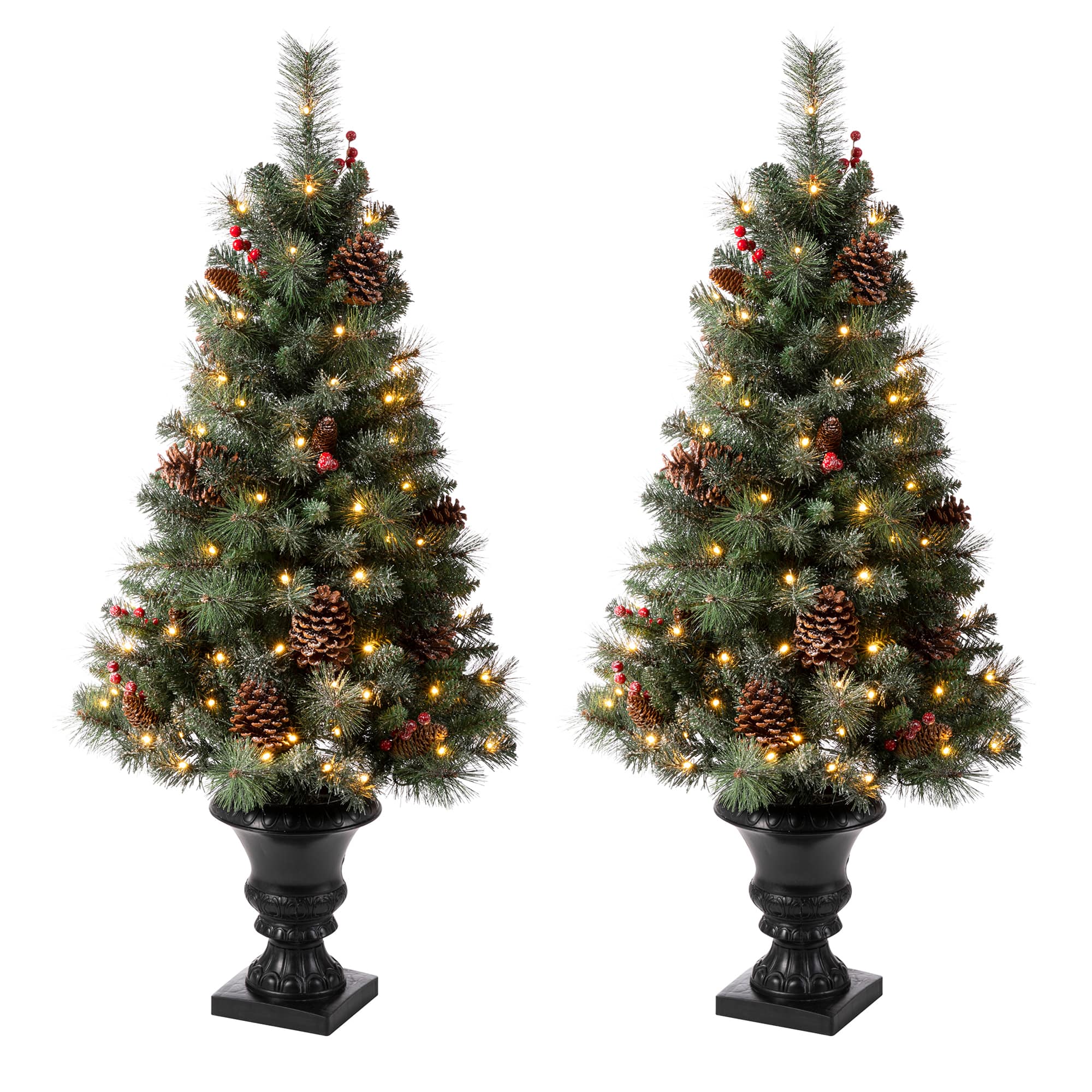 2 Pack 4ft. Pre-Lit Flocked Pinecone & Berry Fir Artificial Christmas Tree in Planter, Warm White Lights