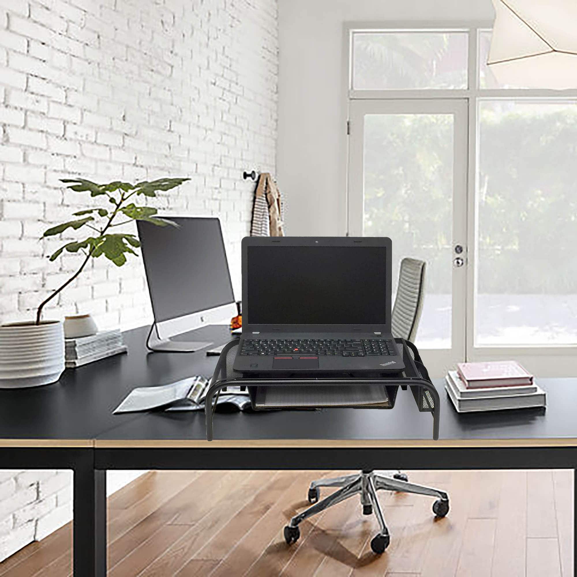 Mind Reader Black Metal Mesh Monitor Riser Stand & Desk Organizer With Drawer Set