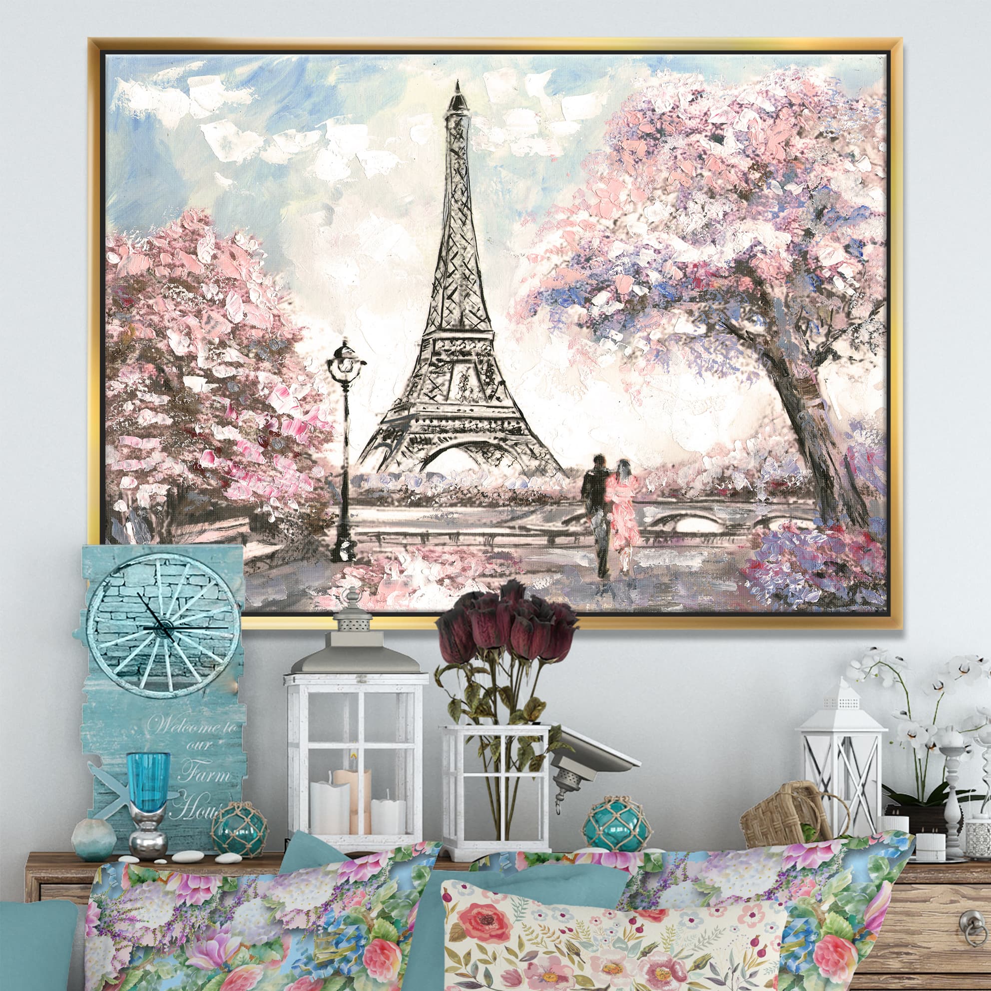 Designart - Eiffel with Pink Flowers - Landscape Framed Canvas Art Print