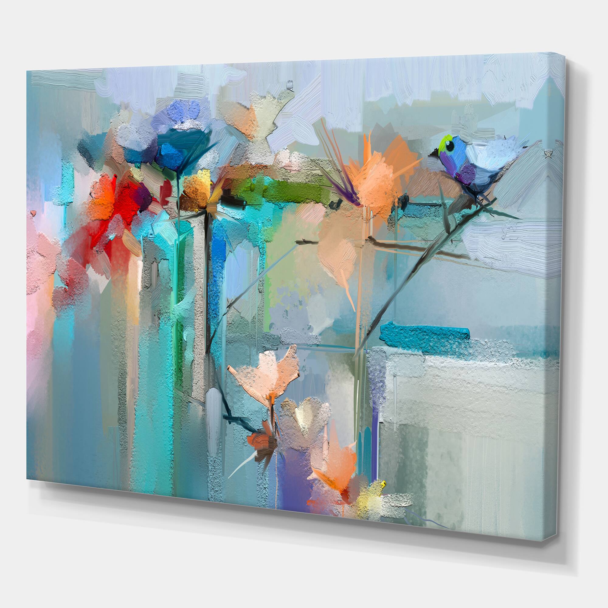 Designart - Abstract Red Blue And Pink Flowers - Farmhouse Canvas Wall Art Print