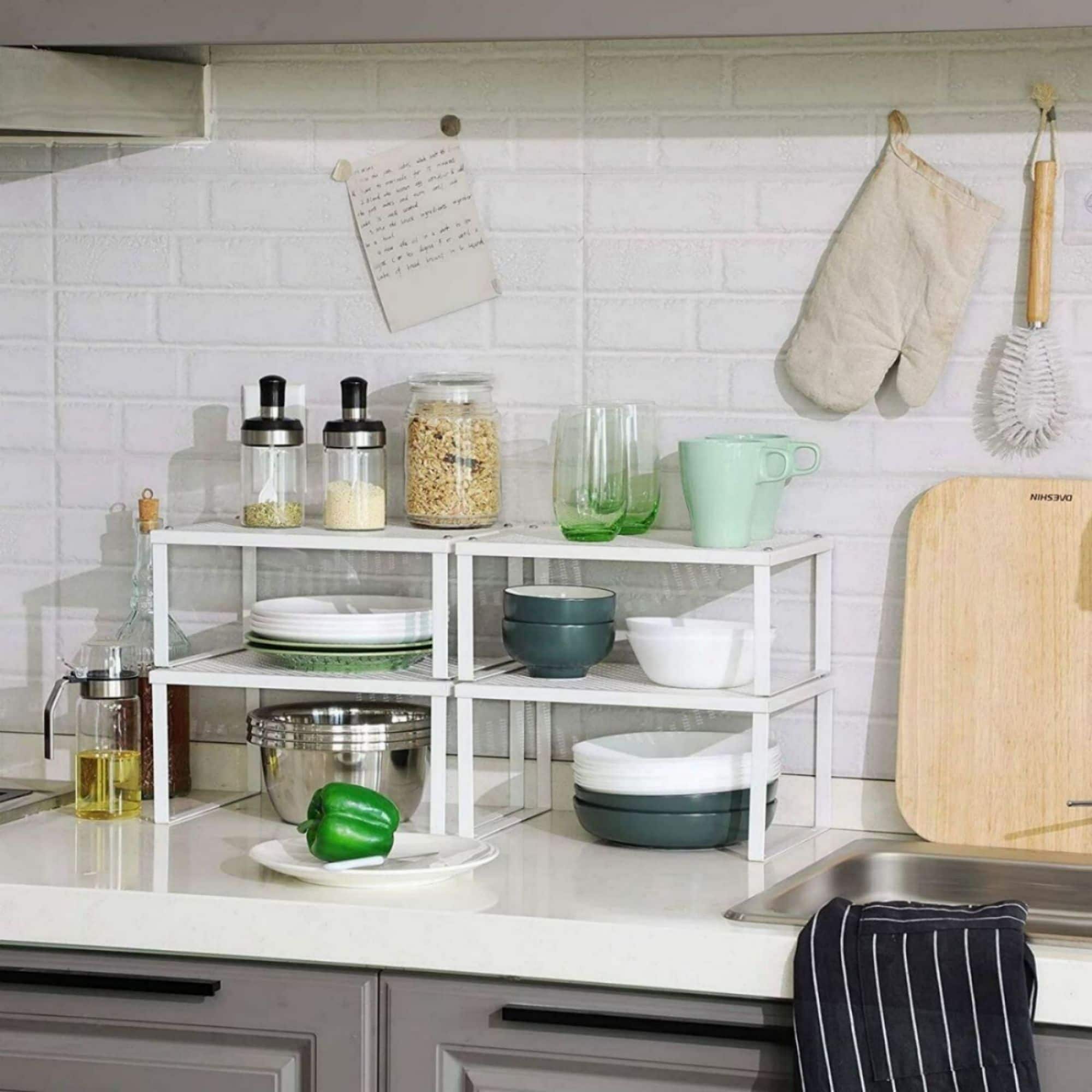 NEX™ White Expandable Counter Cabinet Shelf Organizer Set