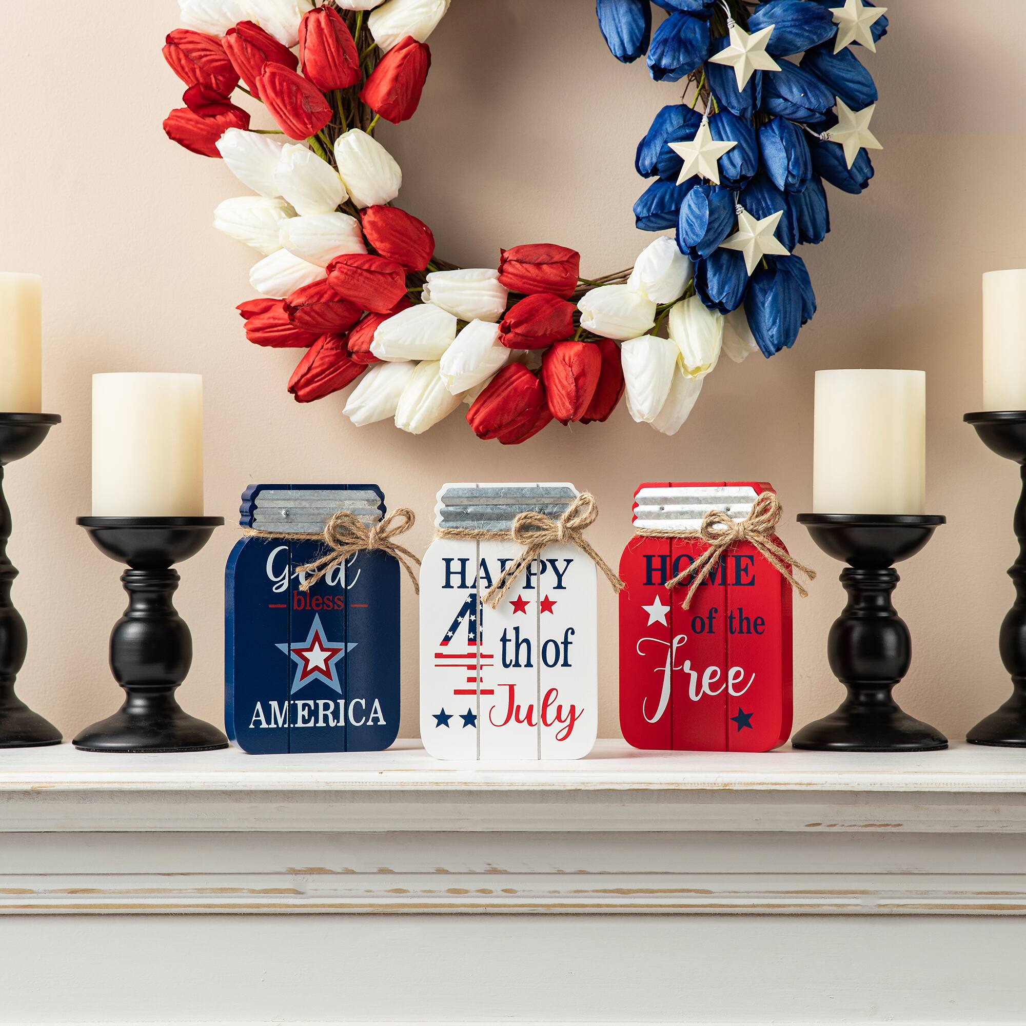 Glitzhome® 7" Patriotic Americana Mason Jar Tabletop Jar Décor Set