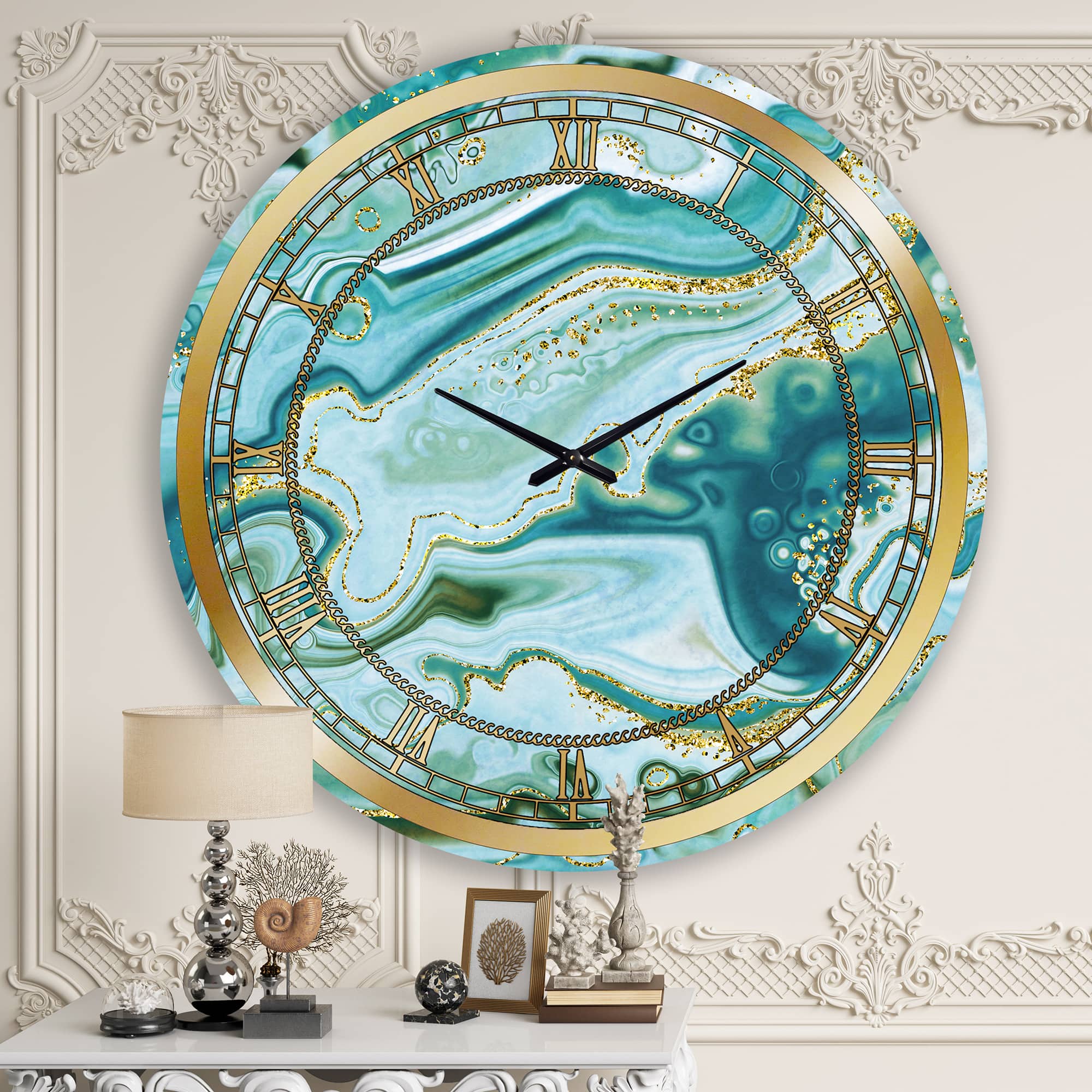 Designart 'Ocean Blue Golden Marble Modern Wall Clock