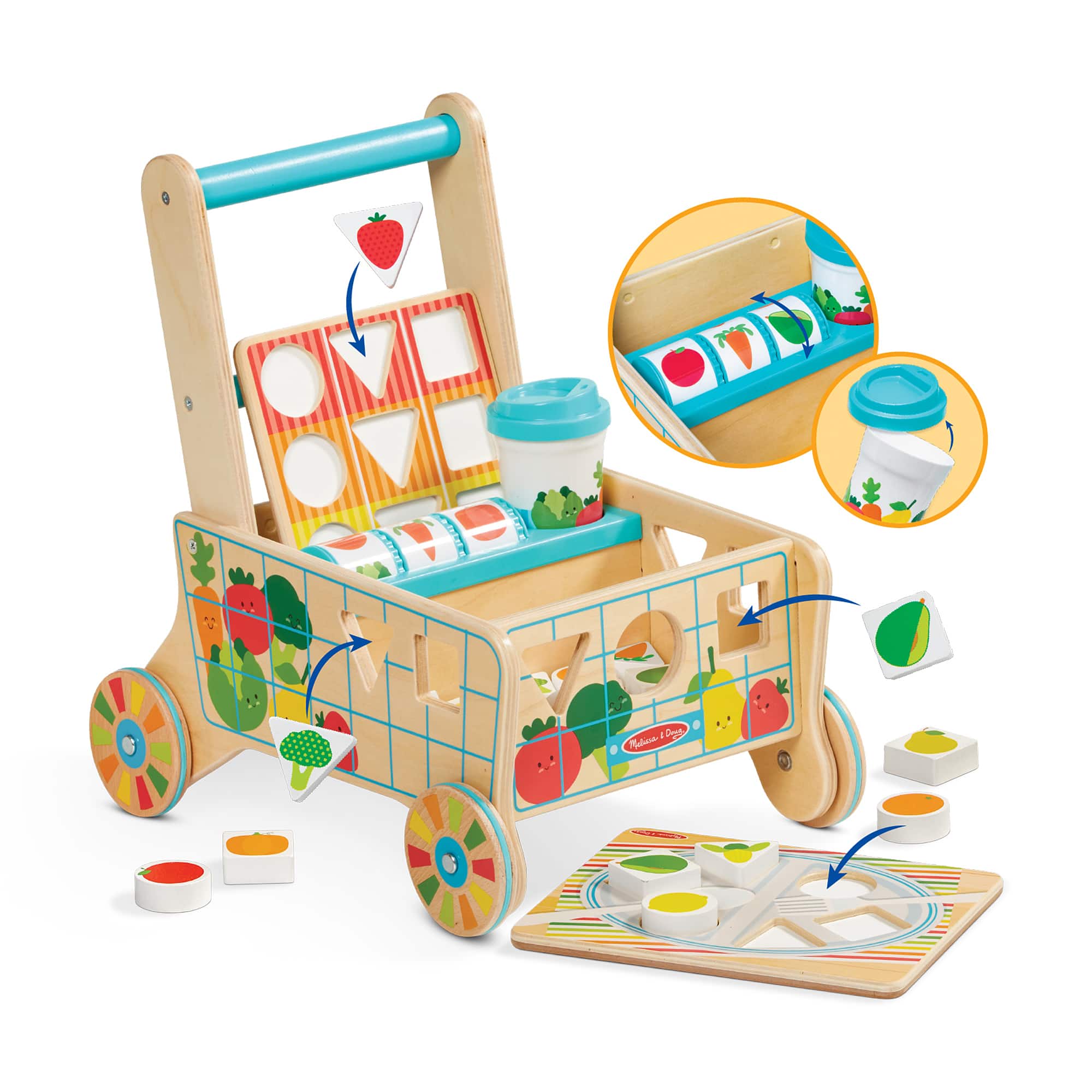 Melissa & Doug® Wooden Shape Sorting Grocery Cart Push Toy Set
