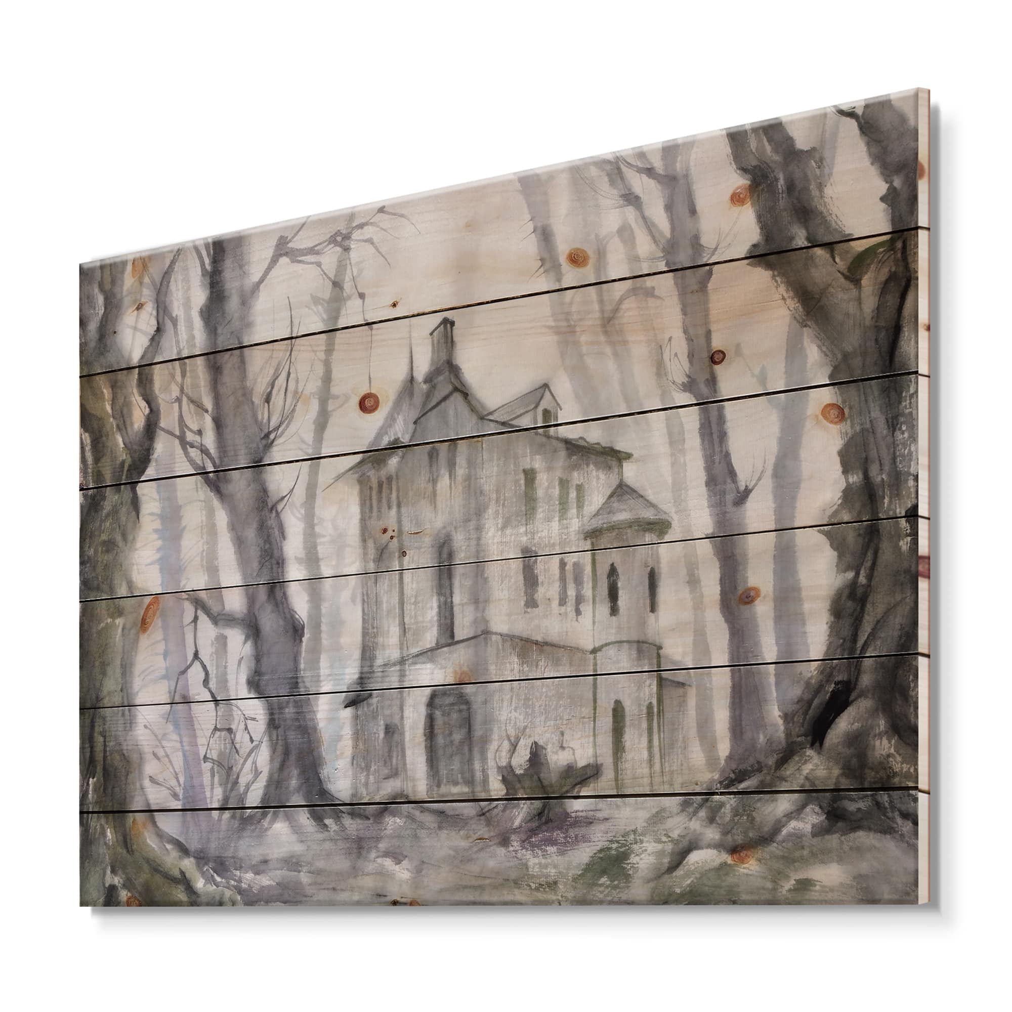 Designart - Haunted Castle In The Woods - Traditional Print on Natural Pine Wood