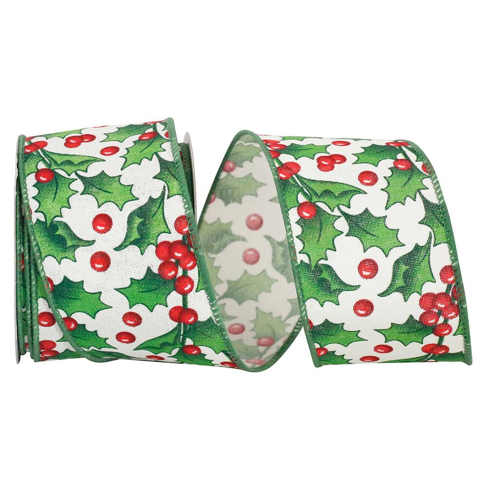 JAM Paper 2.5" x 10yd. White Holly Berry Simplicity Linen Wired Ribbon