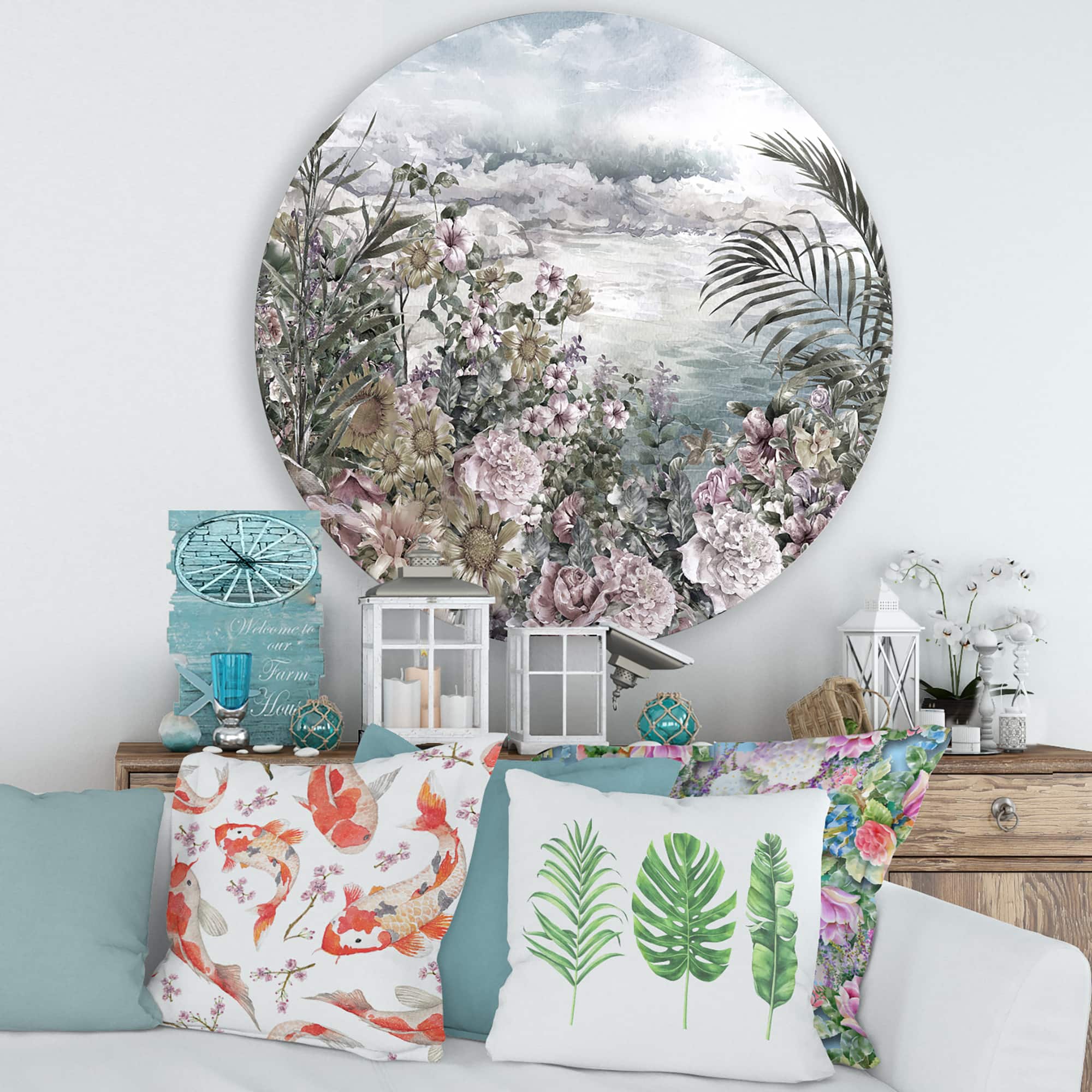Designart - Retro Flowers By The Sea Side - Vintage Metal Circle Wall Art