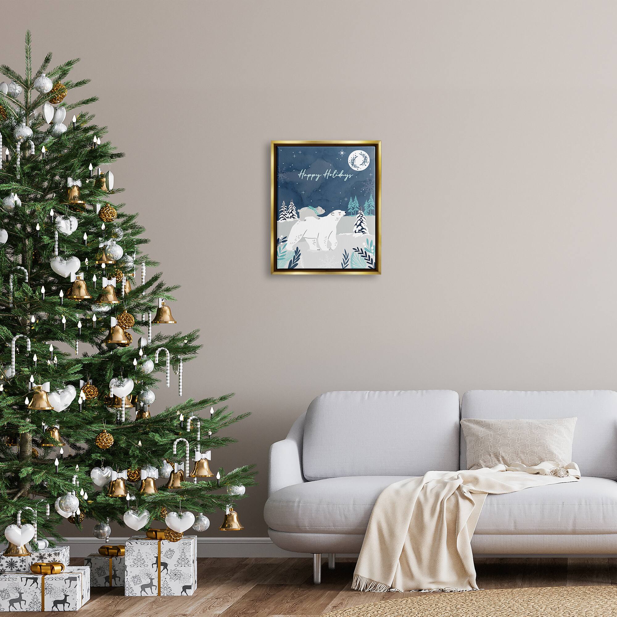 Stupell Industries Happy Holidays Winter Snow Bears Framed Floater Canvas Wall Art