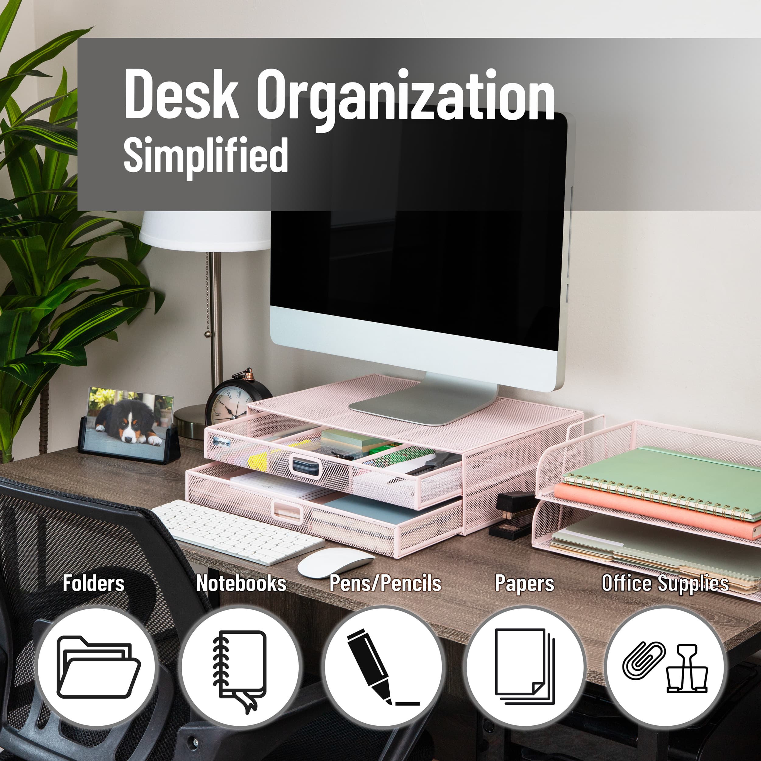 Mind Reader Mesh Monitor Stand with Storage Drawer, Ventilated Laptop Riser and Desktop Organizer, Office, Metal Mesh, Pink