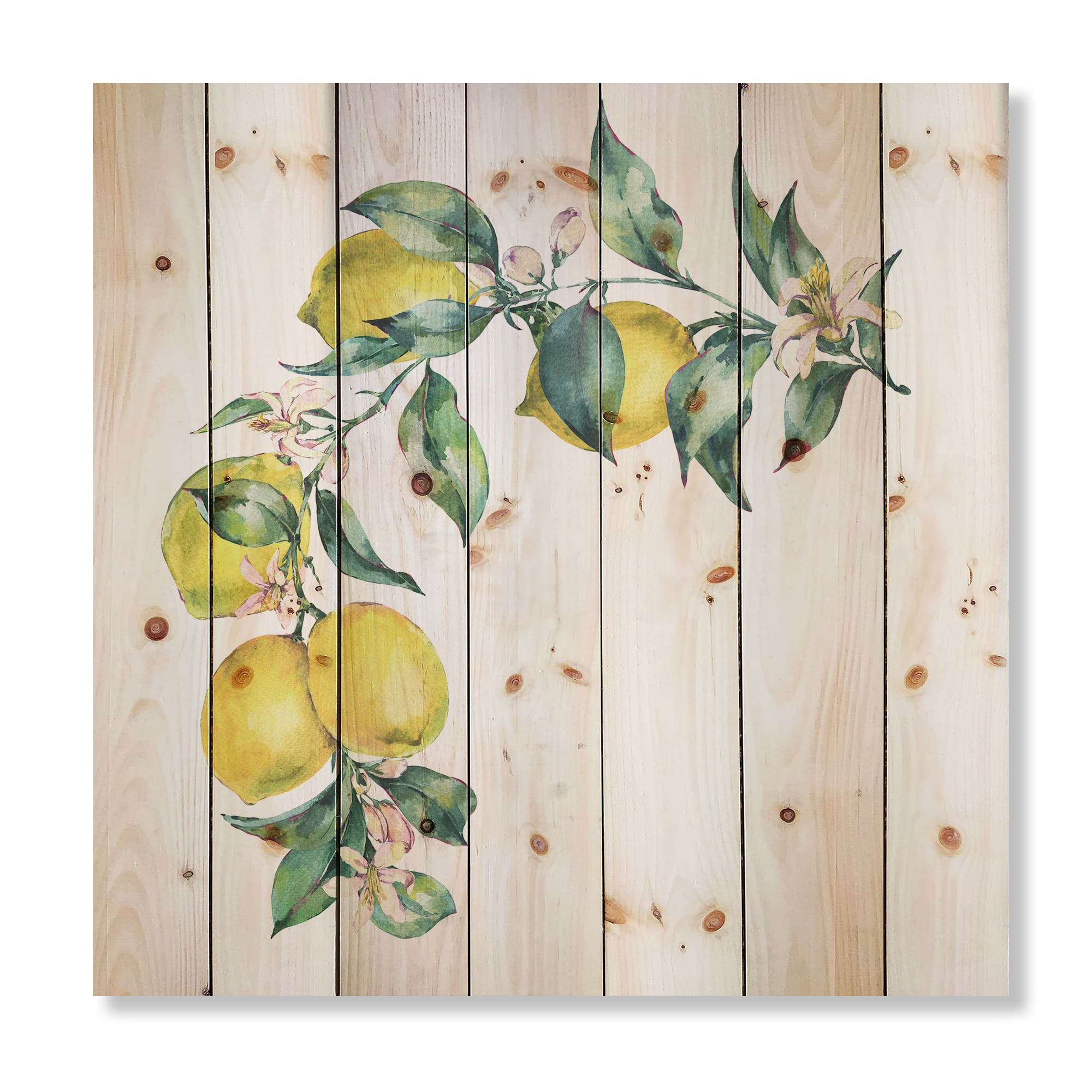Designart - Branch of Yellow Lemons and Leaves II - Tropical Print on Natural Pine Wood