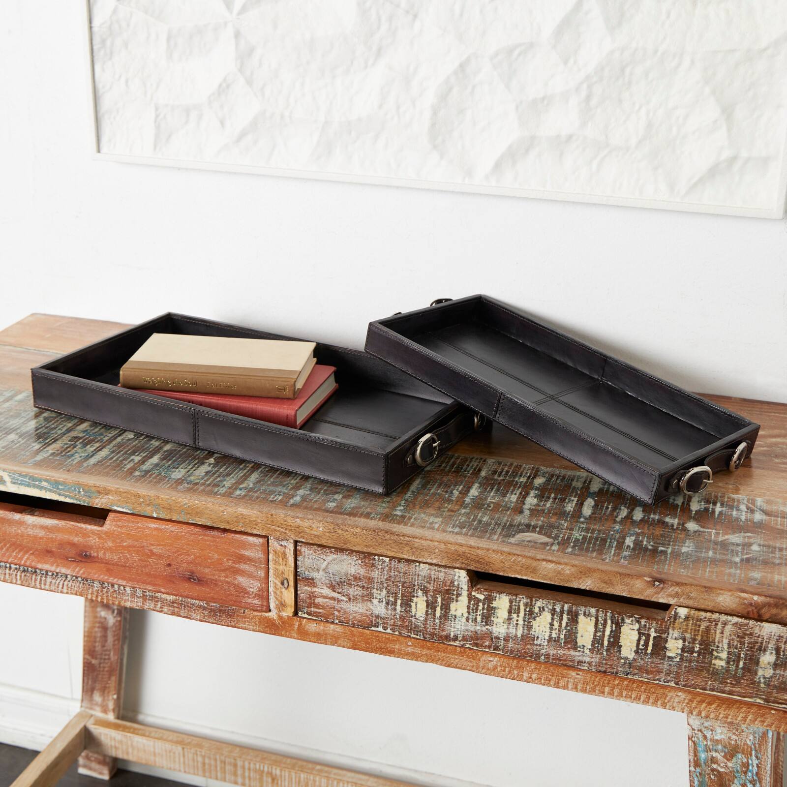 Leather Nesting Tray with Buckle Handles Décor Set