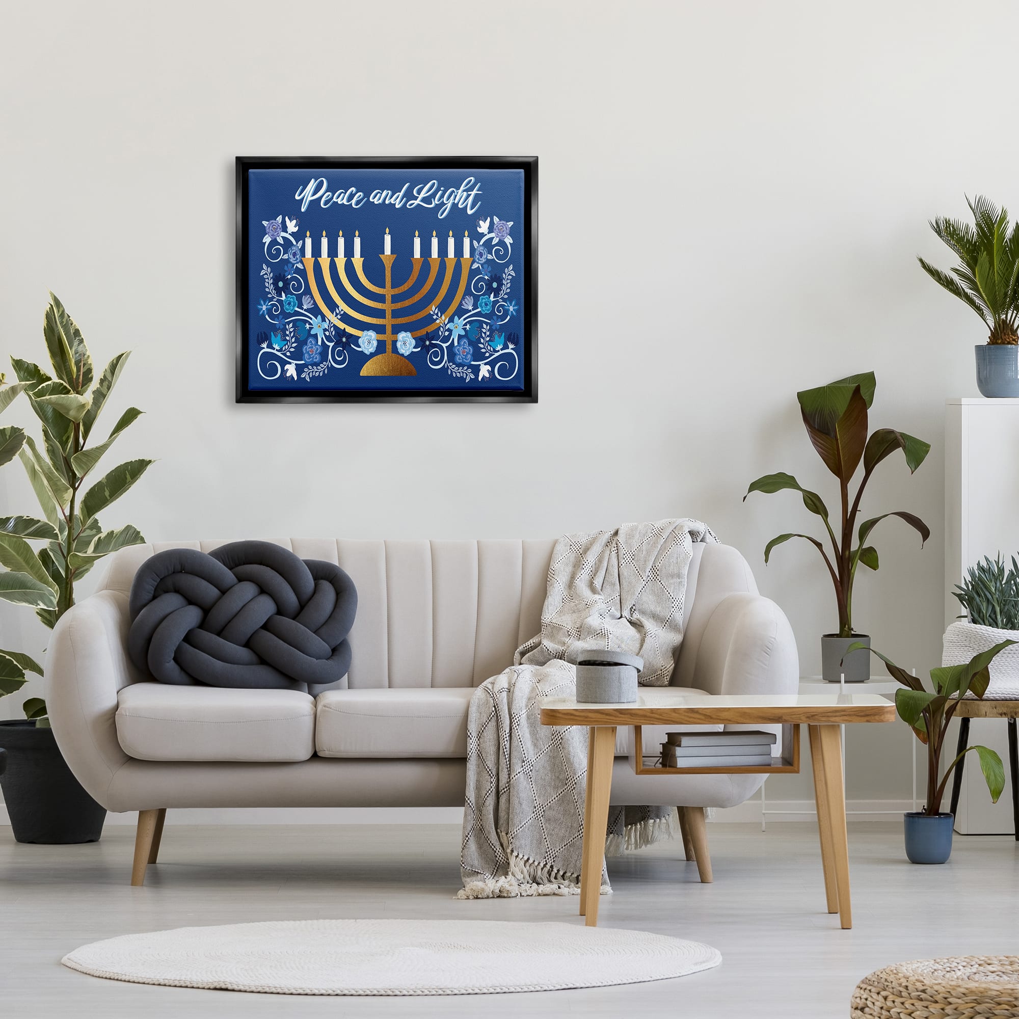 Stupell Industries Peace & Light Floral Hanukkah Menorah Framed Floater Canvas Wall Art
