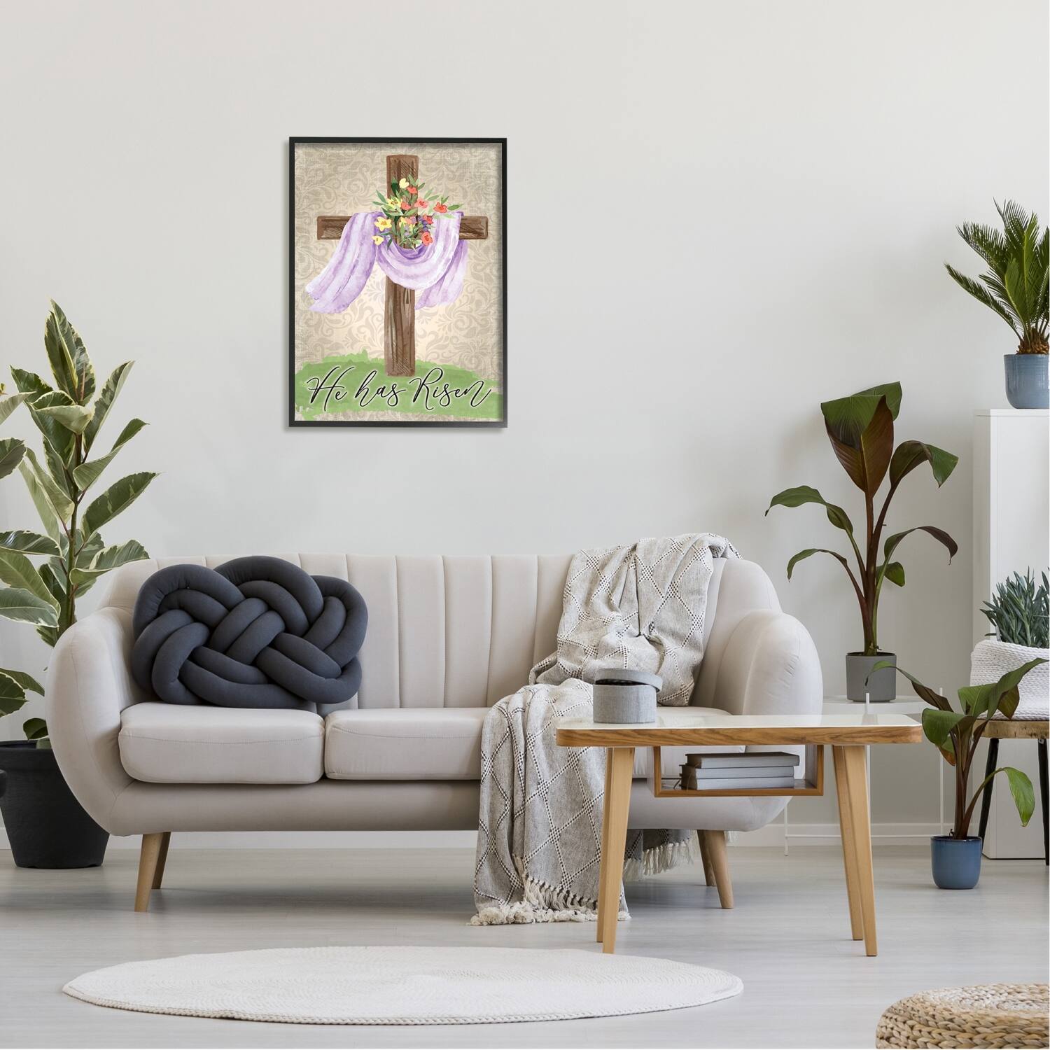 Stupell Industries He Has Risen Spring Floral Cross Brown Damask Pattern Framed Giclee Art