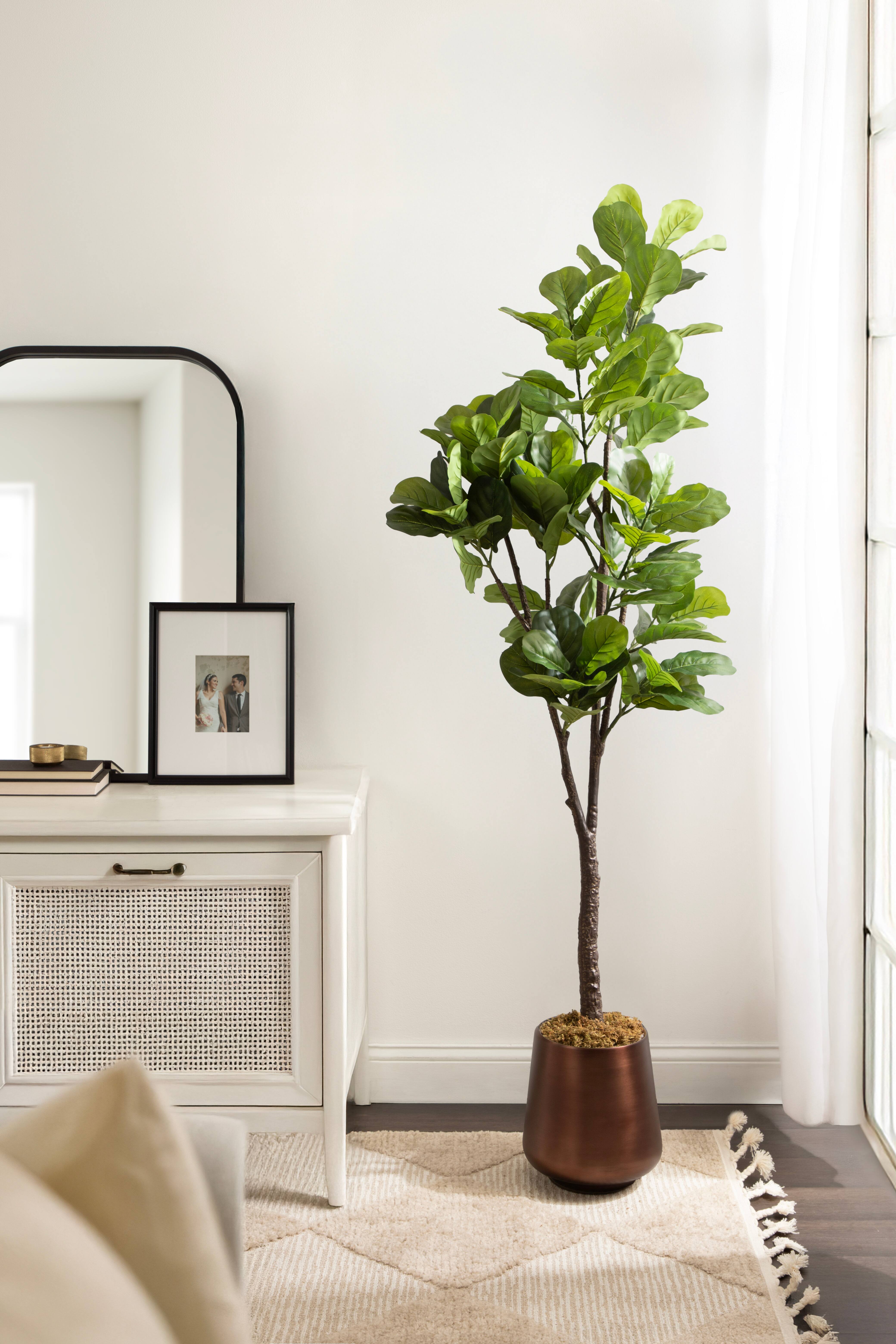 Kate and Laurel Fidmont 6ft. Faux Fiddle Fig Tree with Portell Antique Planter