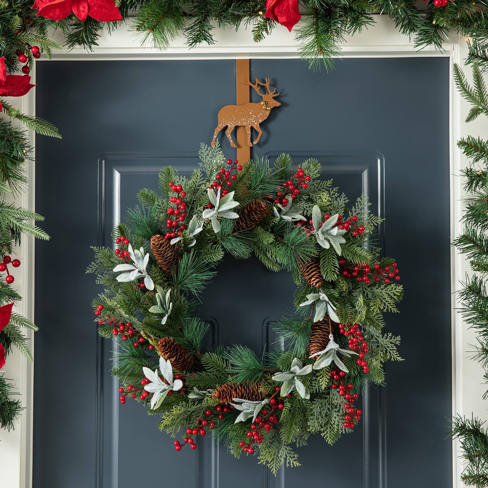 Glitzhome® 14" Christmas Metal Tree & Reindeer Wreath Hanger Set