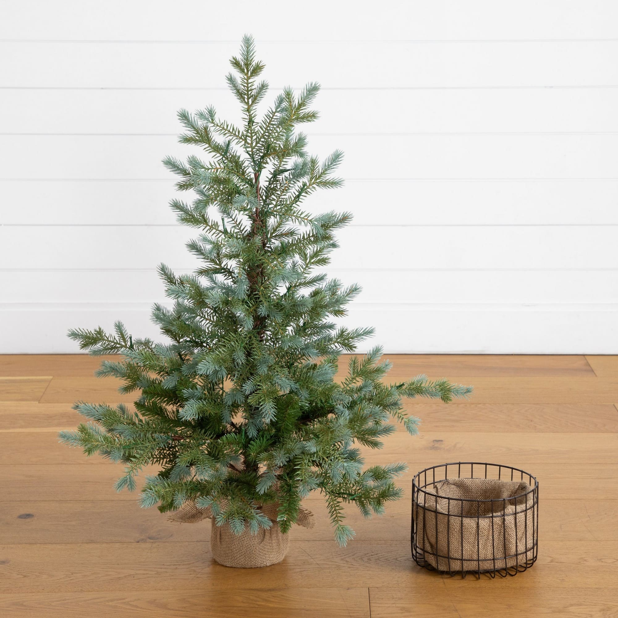 Nearly Natural 3ft. Pre-Lit Artificial Pine Christmas Tree in Jute Wire Planter, Warm White LED lights