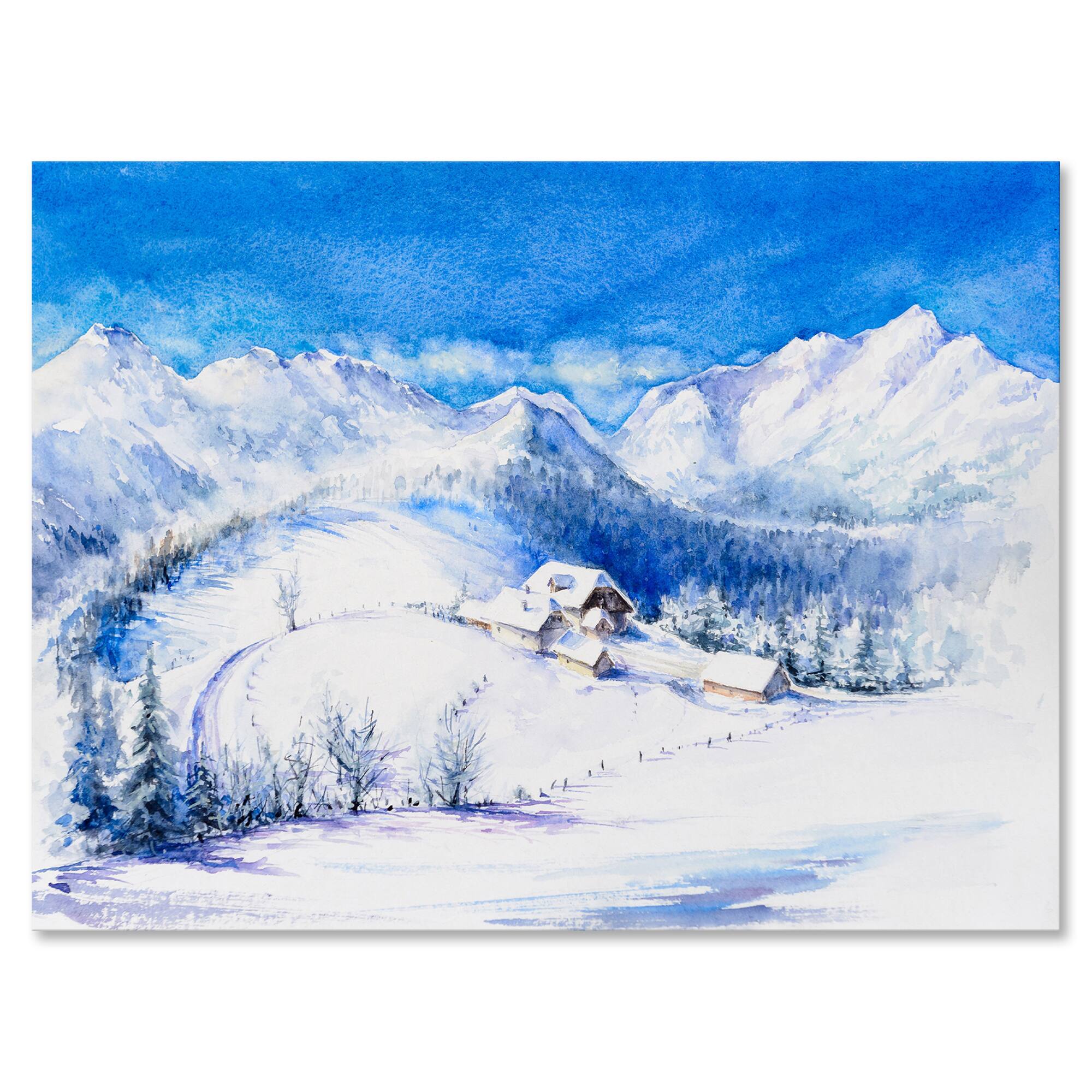 Designart - Winter Mountain Landscape With Wooden House