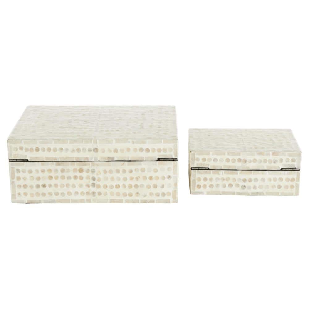 Cream Mother of Pearl Shell Geometric Handmade Mosaic Dot with Brown Accents Storage Box Set