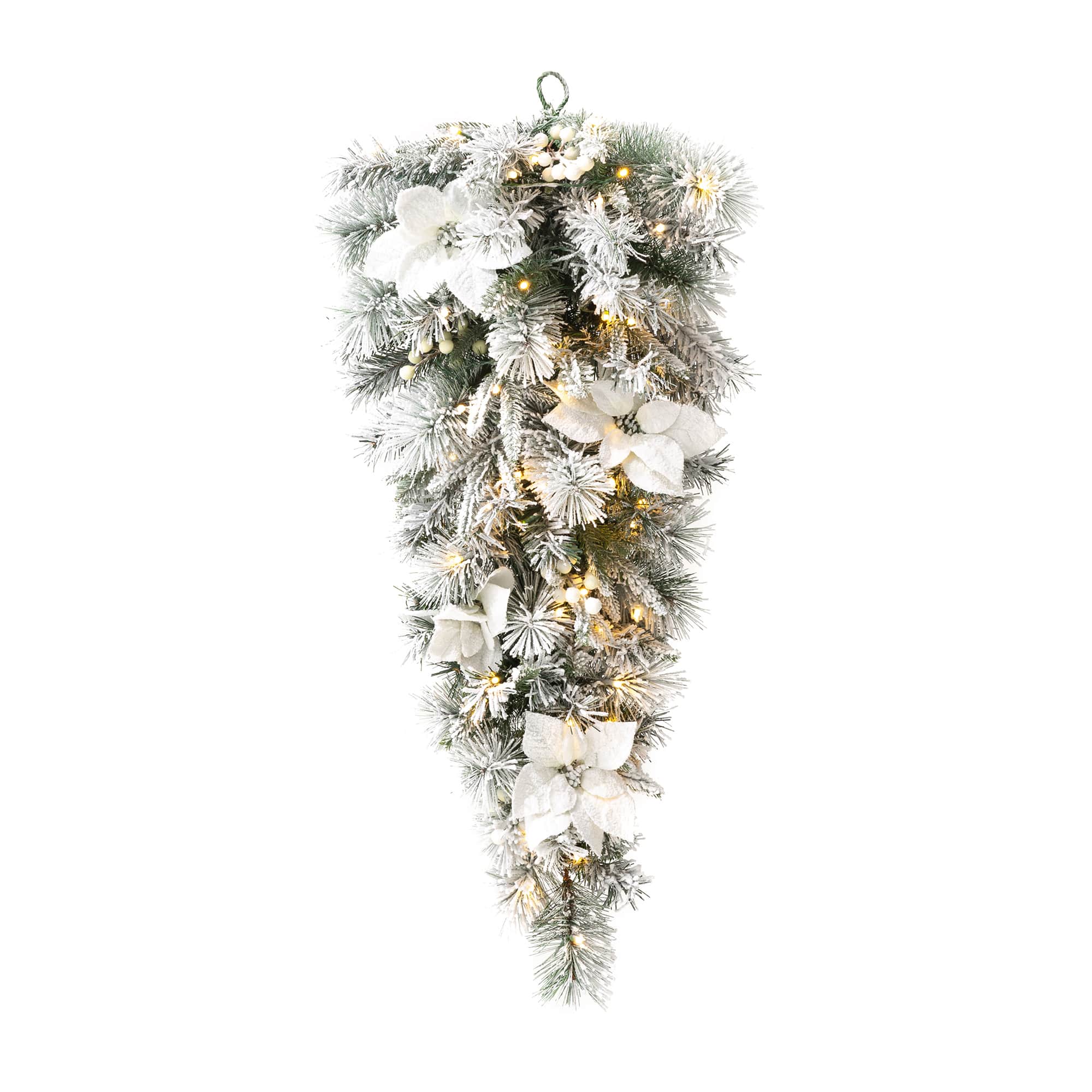 Glitzhome® 36" Pre-Lit Flocked Greenery Pine White Poinsettia & Berry Christmas Teardrop with Timer