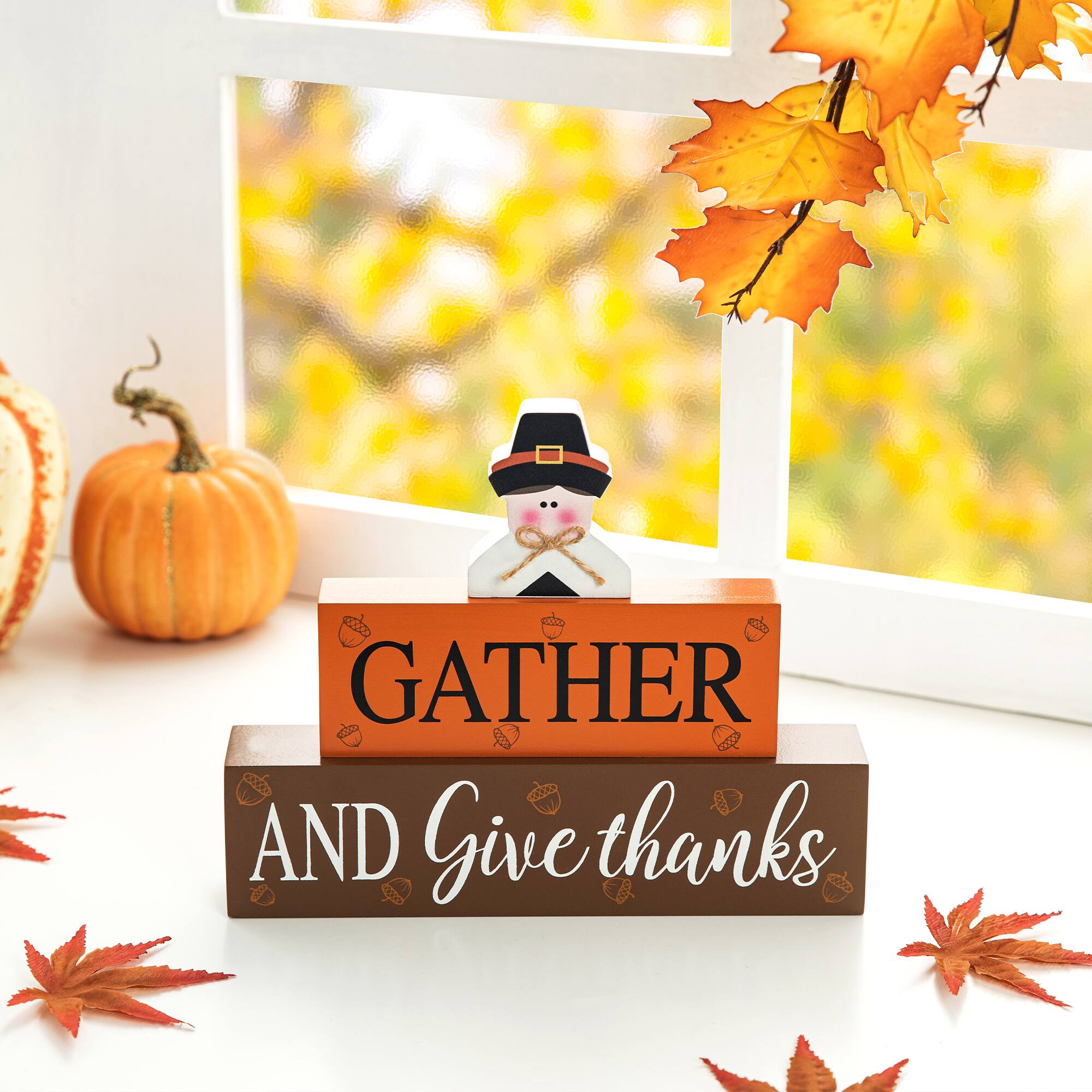 Glitzhome® 9.5" Thanksgiving Wooden Pilgrim Table Block Sign