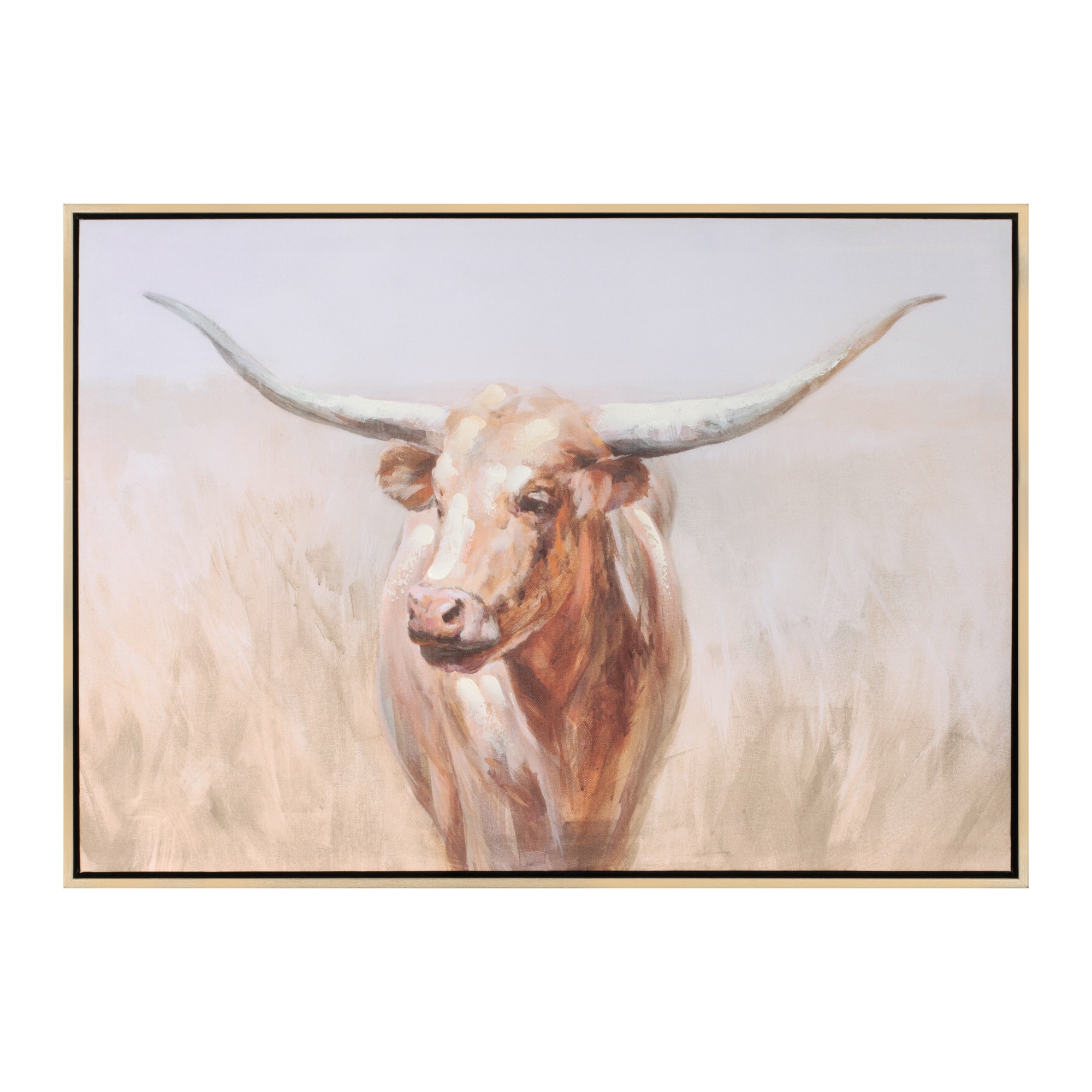 96155DS 28 x 20 in. Plastic & Wood Framed Long Horn Cattle, Brown & Beige
