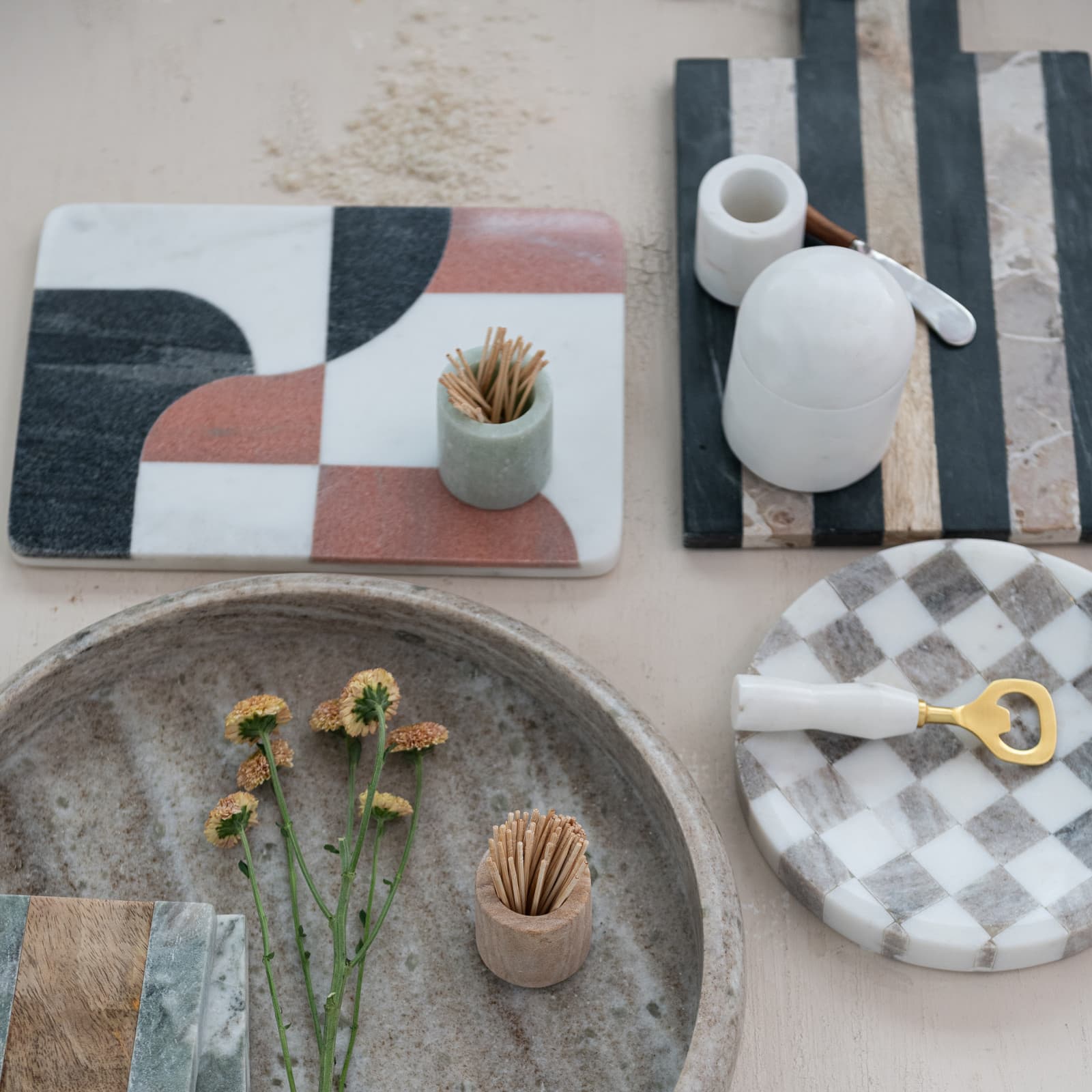 Hello Honey Marble Cutting Board with Abstract Design, White, Rust Color and Black
