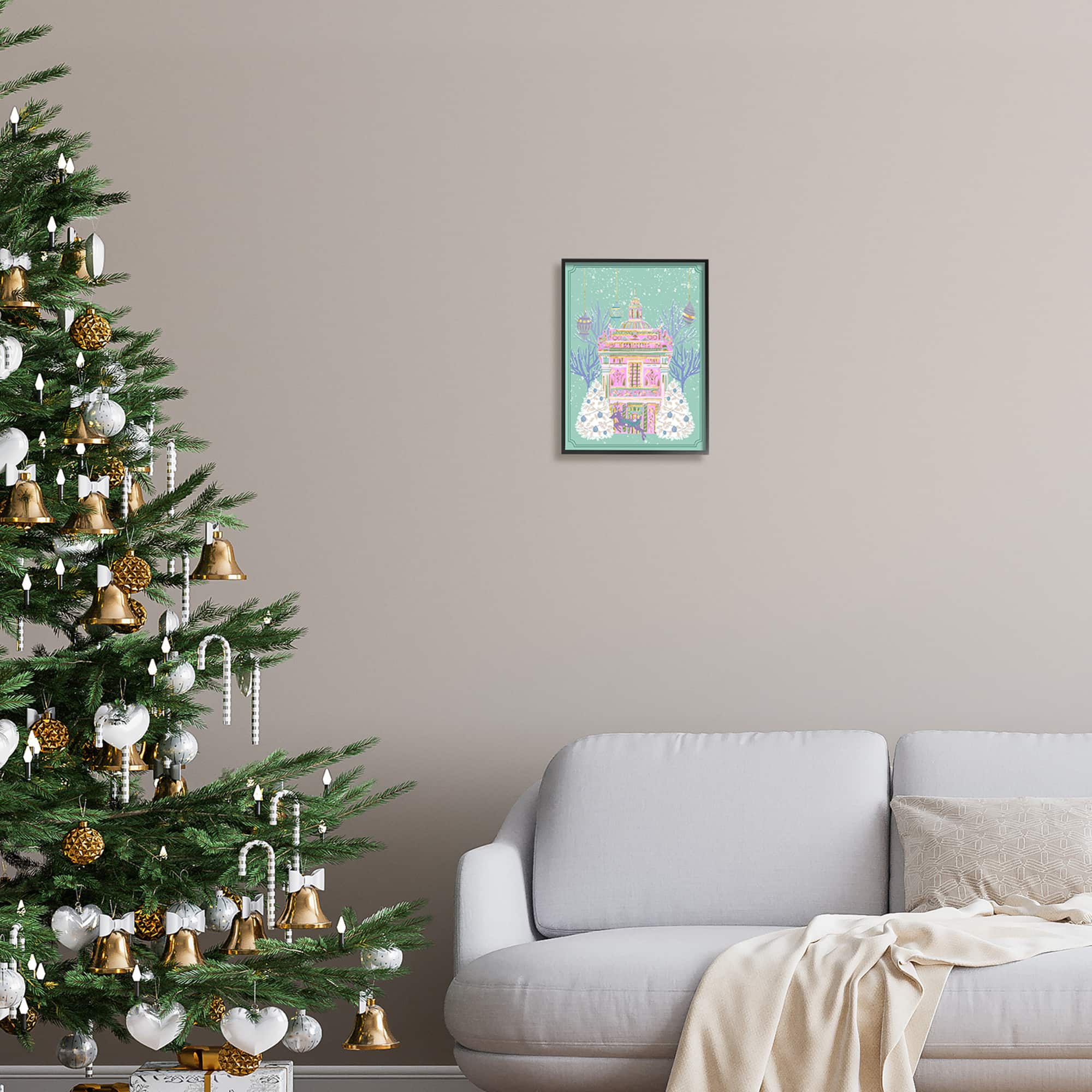 Stupell Industries Pink Ornate Christmas Building Framed Giclee Art