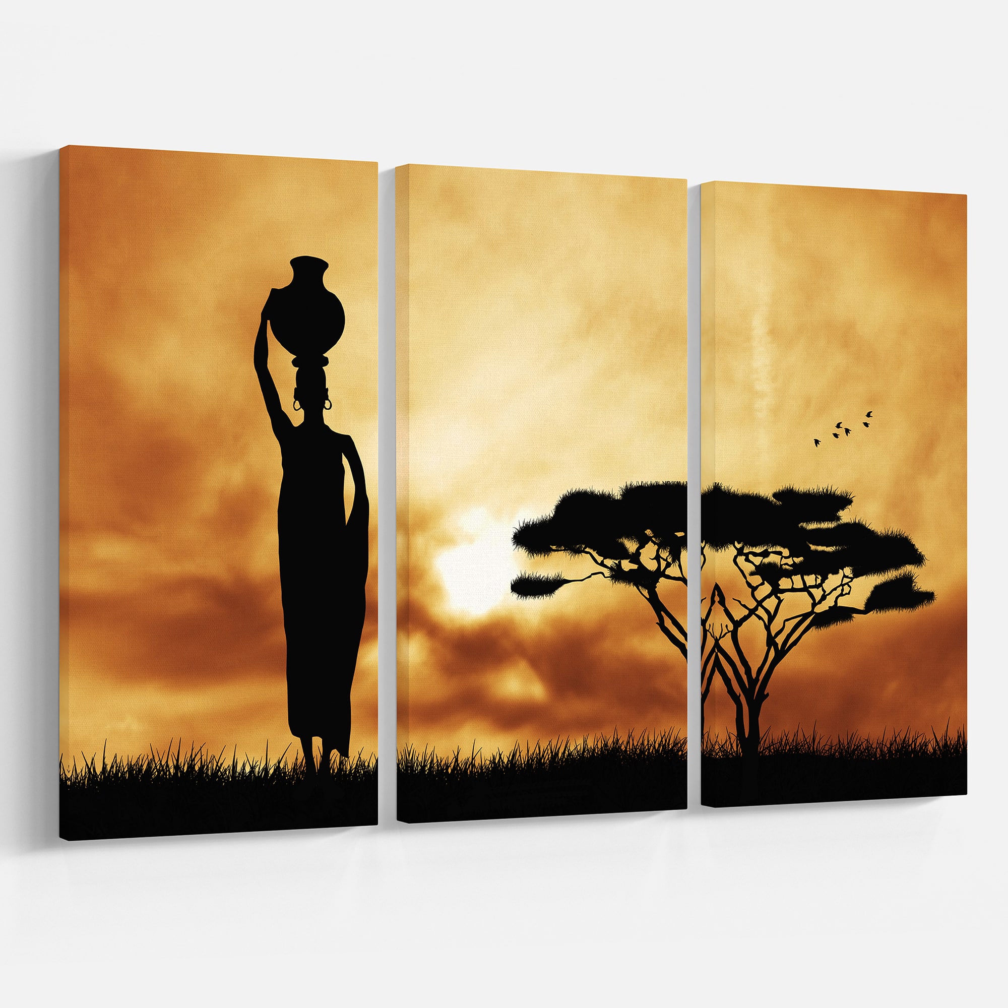 Designart - African Woman and Lonely Tree - African Landscape Canvas Art Print