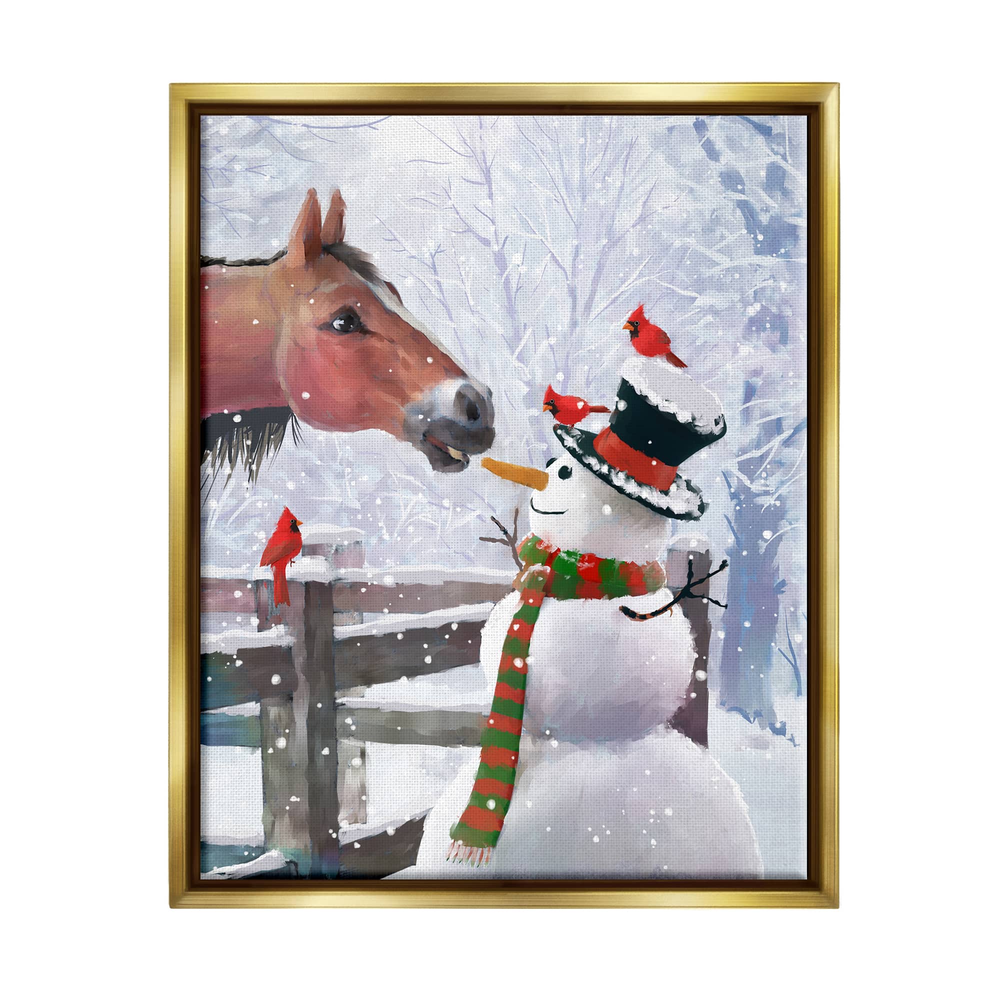 Stupell Industries Horse Eating Snowman Carrot Scene Framed Floater Canvas Wall Art