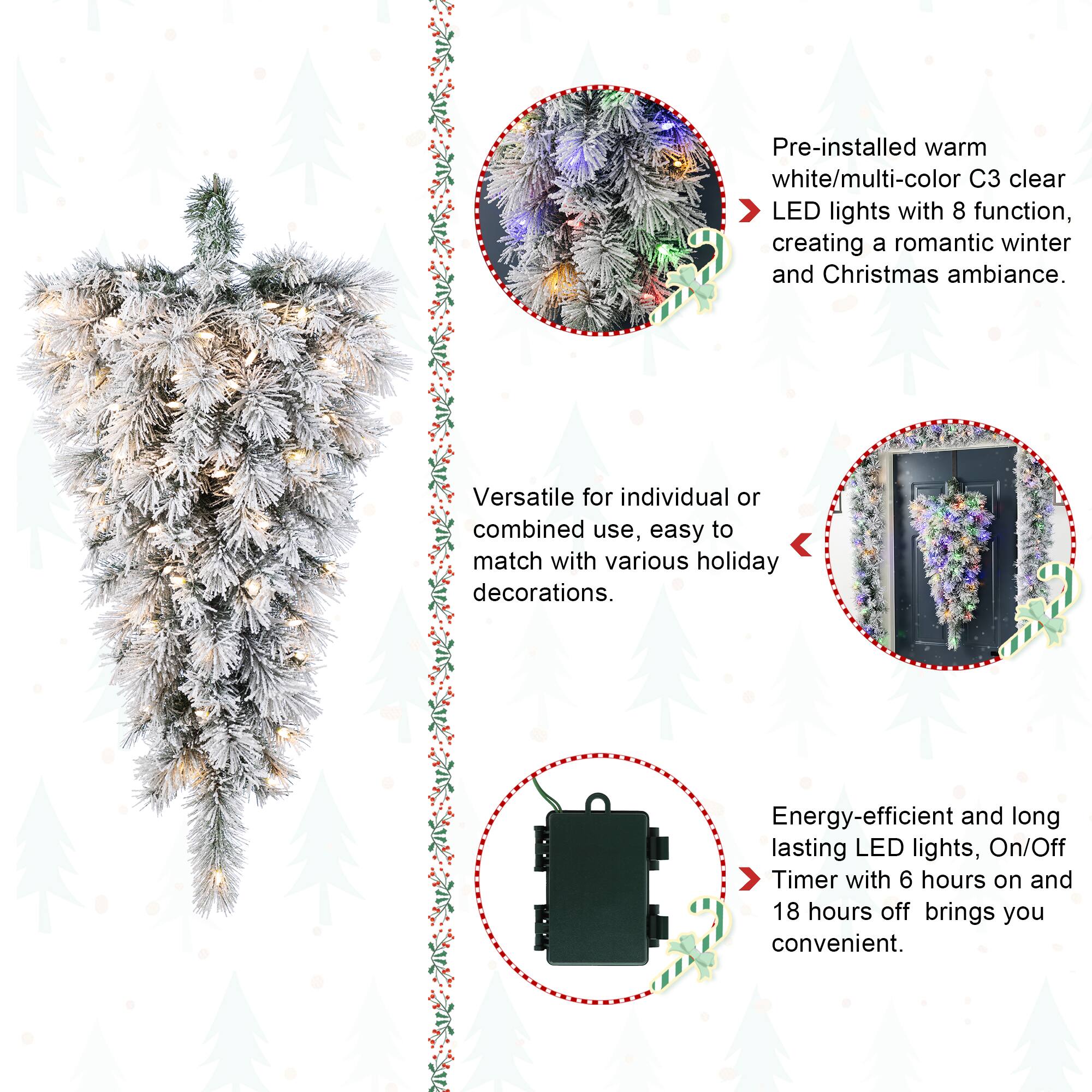 Glitzhome® 3ft Pre-Lit Snow Flocked Greenery Pine Christmas Teardrop, Multicolor LED Lights and Timer