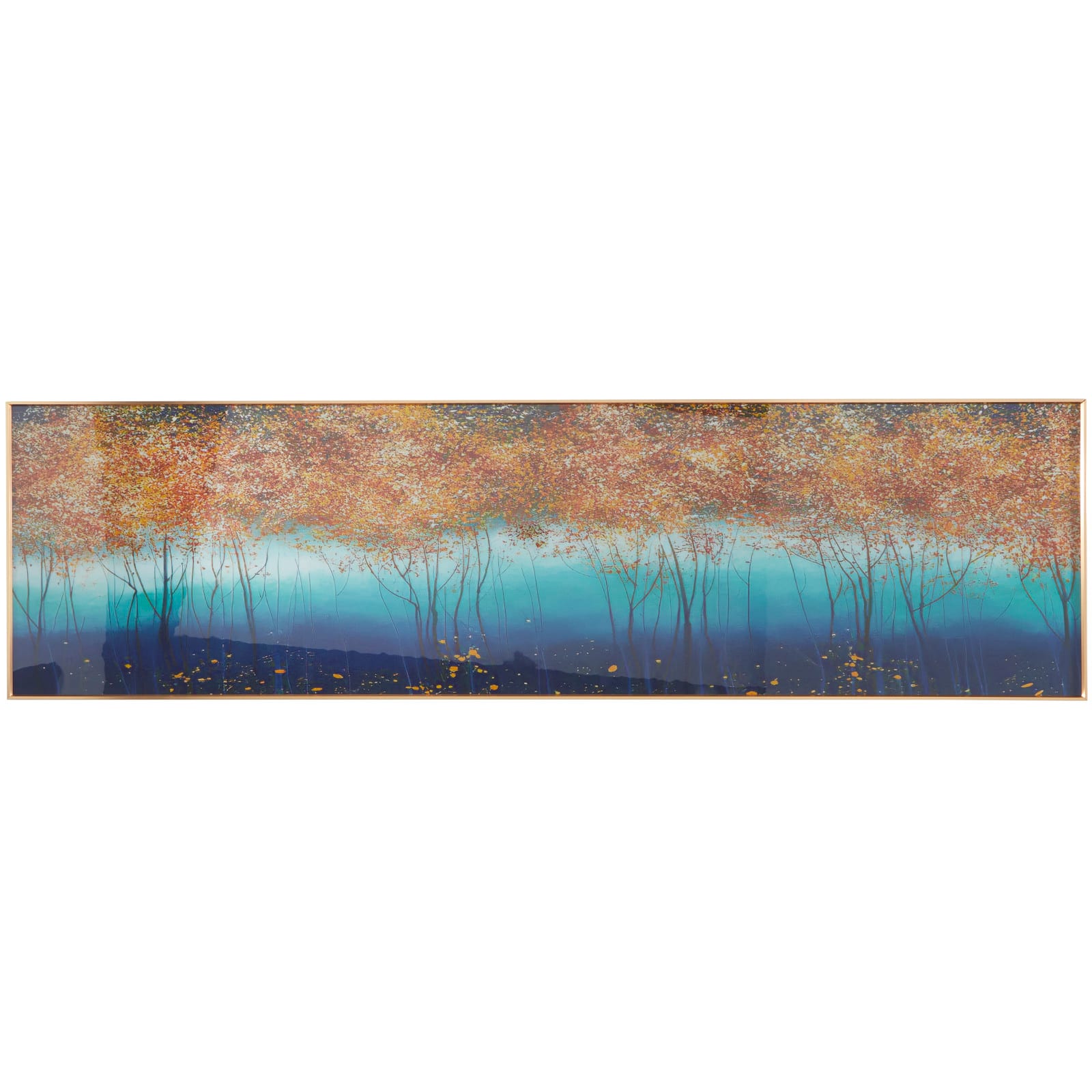 Blue Porcelain Trees Landscape Framed Wall Art with Gold Aluminum Frame 71" x 2" x 20"
